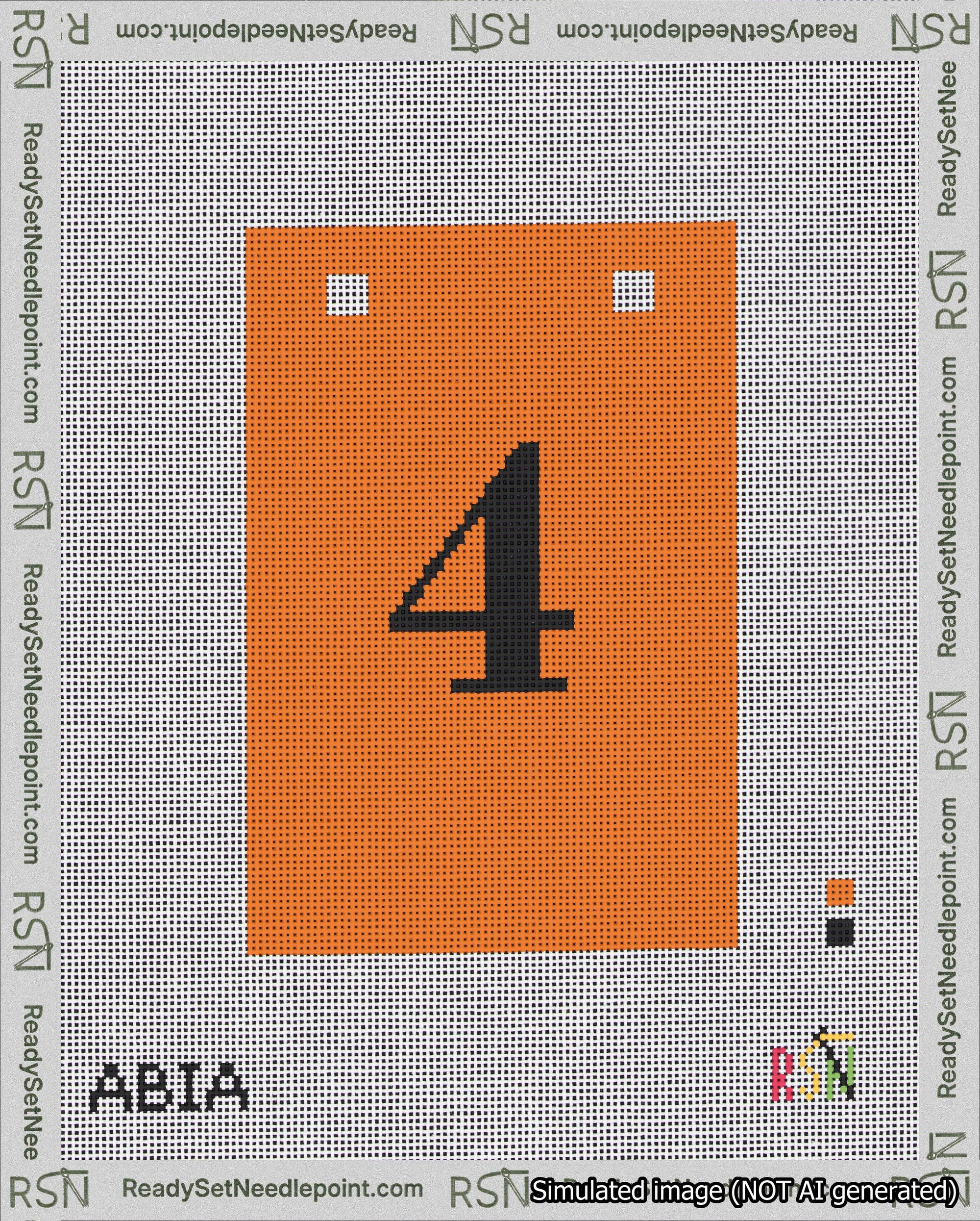 A taped needlepoint canvas with the design: Banner 18 mesh count Squared 4 Black on Orange.