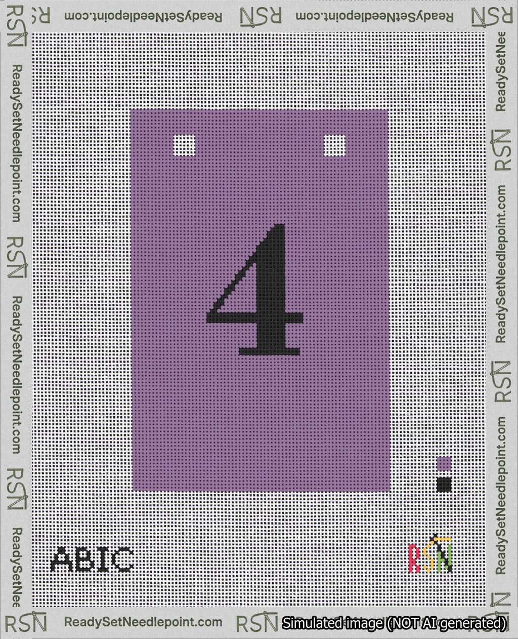 A taped needlepoint canvas with the design: Banner 18 mesh count Squared 4 Black on Purple.