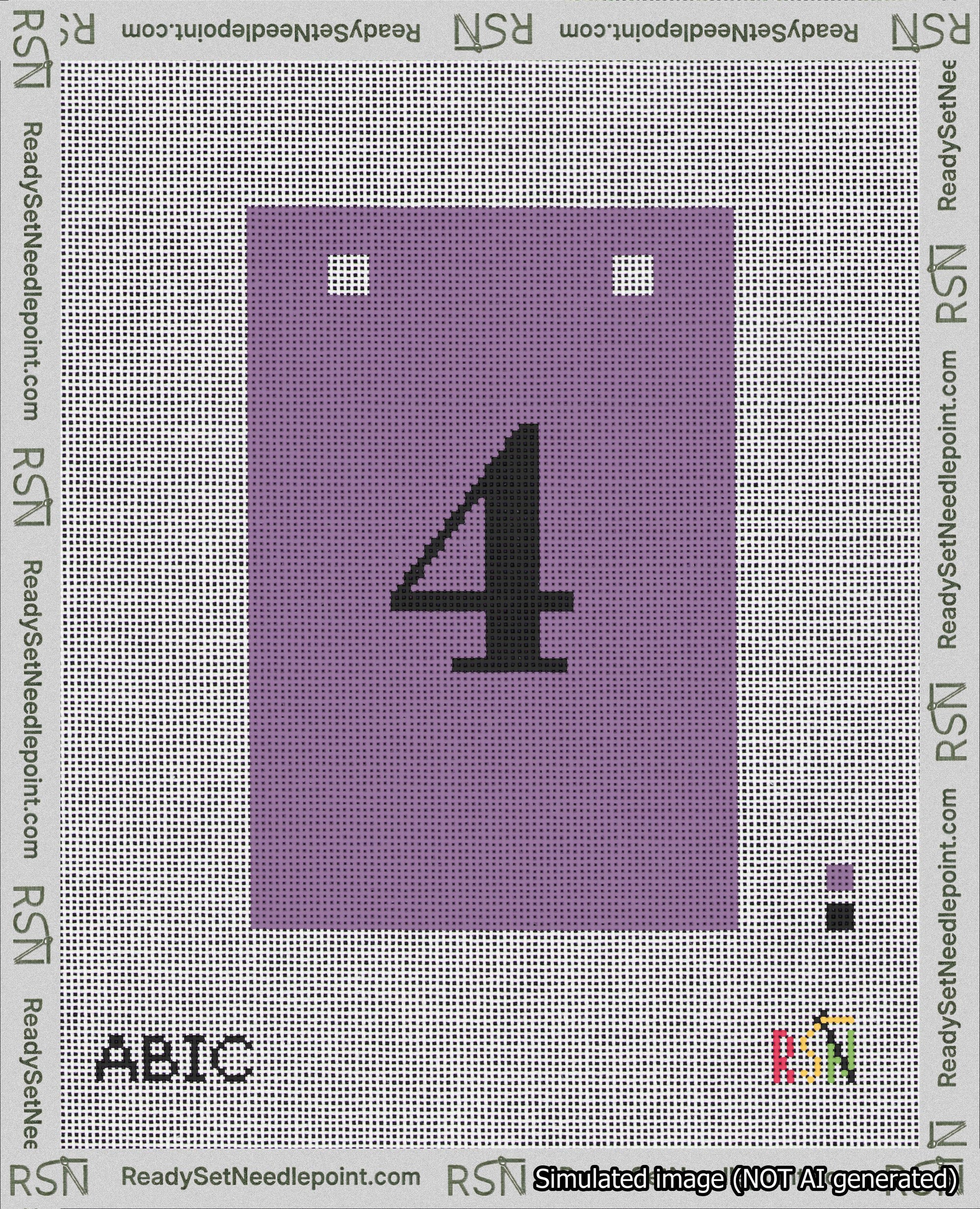A taped needlepoint canvas with the design: Banner 18 mesh count Squared 4 Black on Purple.