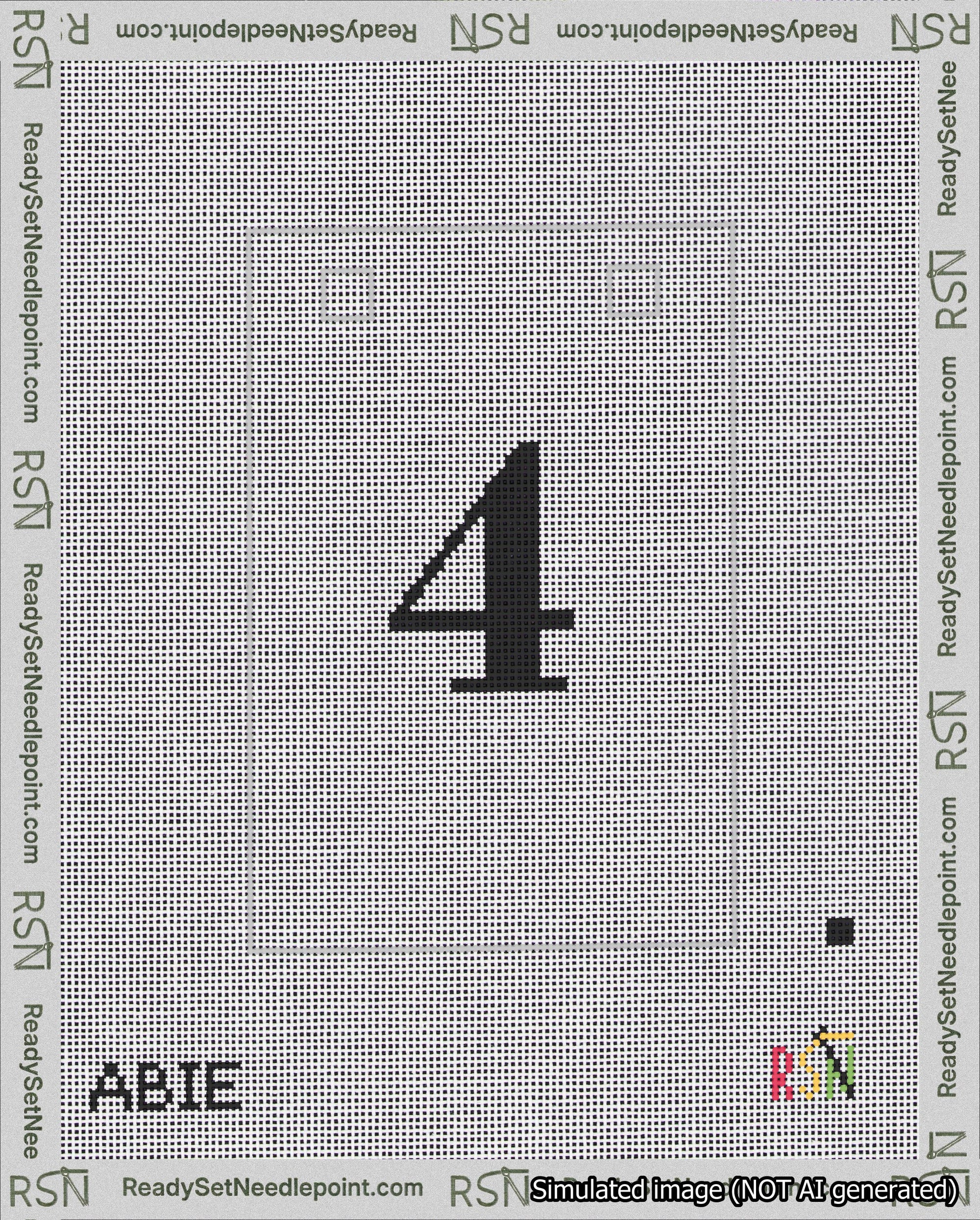 A taped needlepoint canvas with the design: Banner 18 mesh count Squared 4 Black on White.