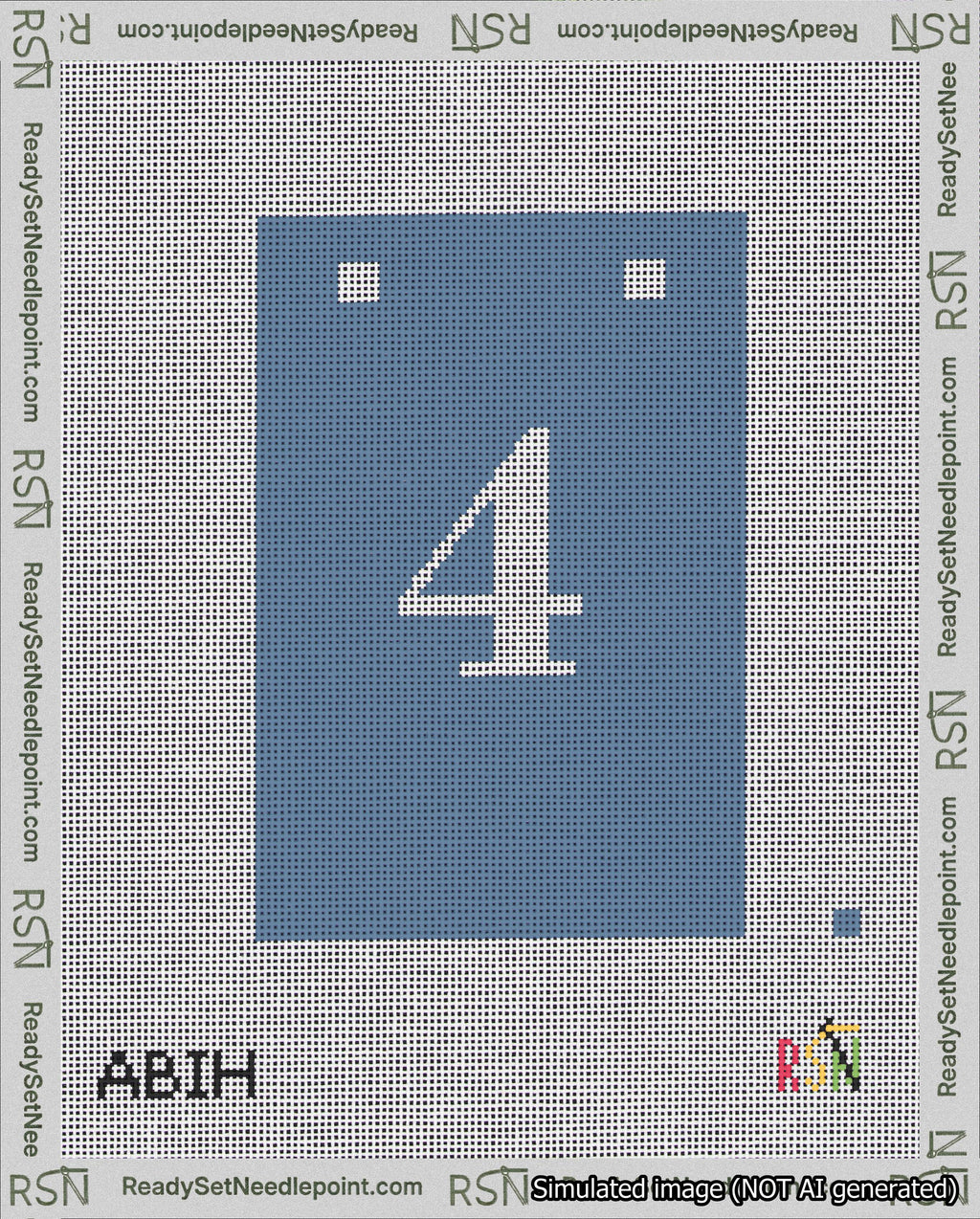 A taped needlepoint canvas with the design: Banner 18 mesh count Squared 4 White on Blue.