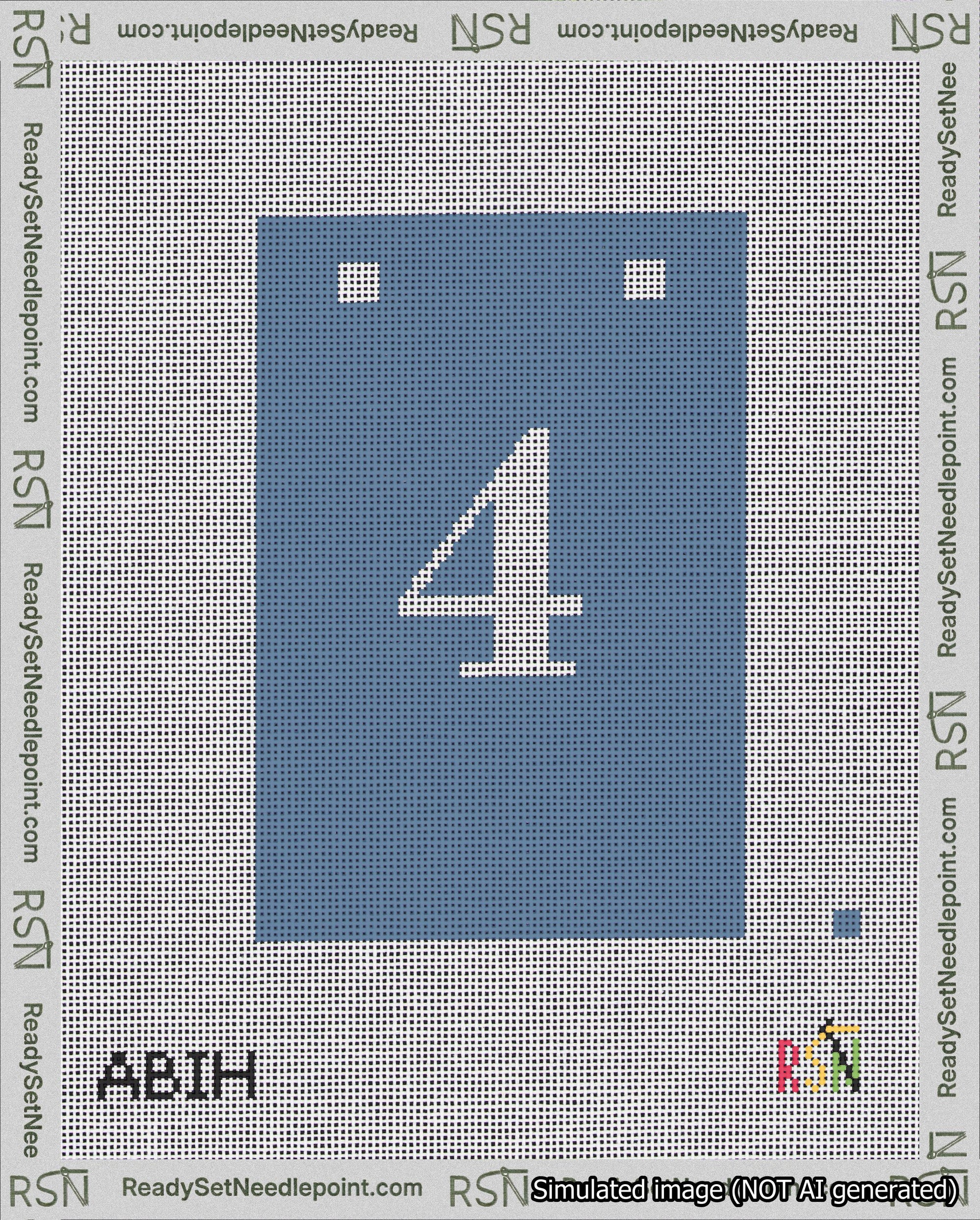 A taped needlepoint canvas with the design: Banner 18 mesh count Squared 4 White on Blue.