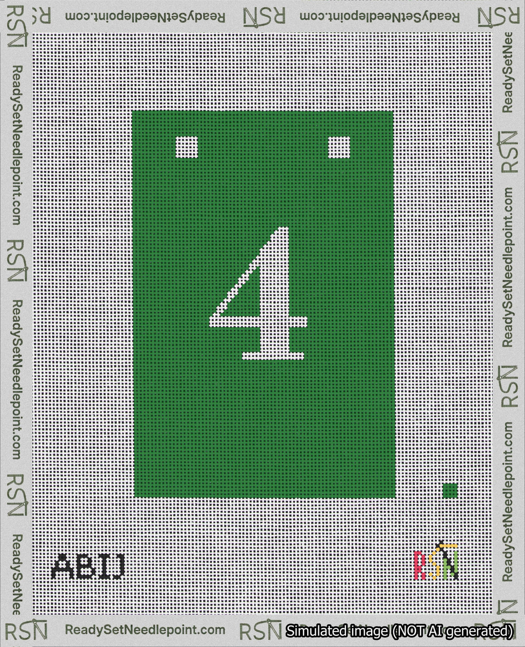 A taped needlepoint canvas with the design: Banner 18 mesh count Squared 4 White on Green.