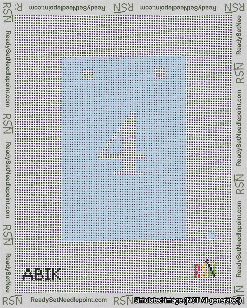 A taped needlepoint canvas with the design: Banner 18 mesh count Squared 4 White on Light Blue.