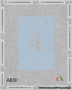 A taped needlepoint canvas with the design: Banner 18 mesh count Squared 4 White on Light Blue.