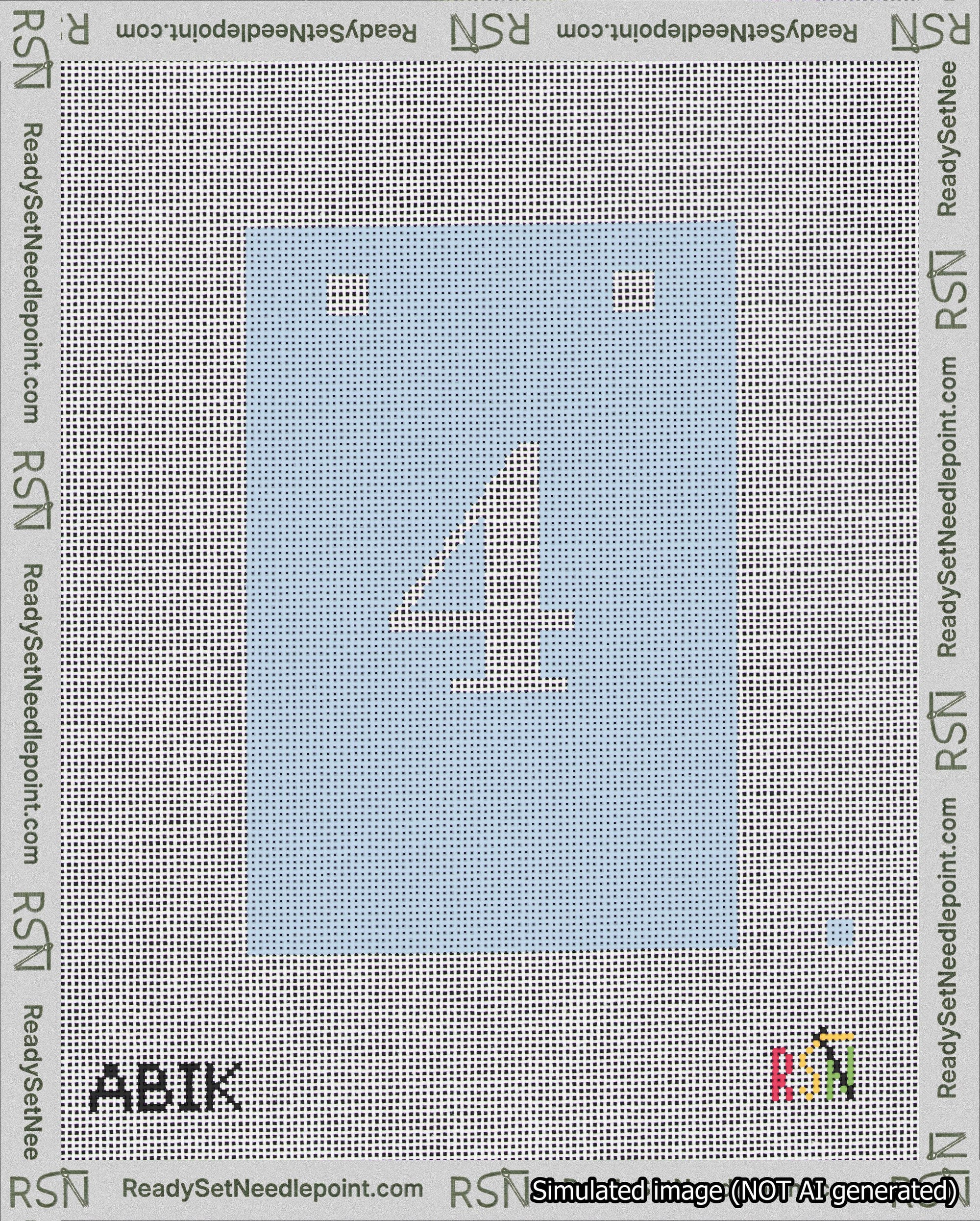 A taped needlepoint canvas with the design: Banner 18 mesh count Squared 4 White on Light Blue.