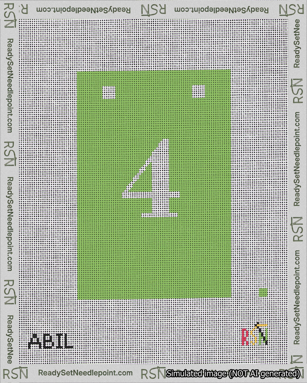 A taped needlepoint canvas with the design: Banner 18 mesh count Squared 4 White on Light Green.