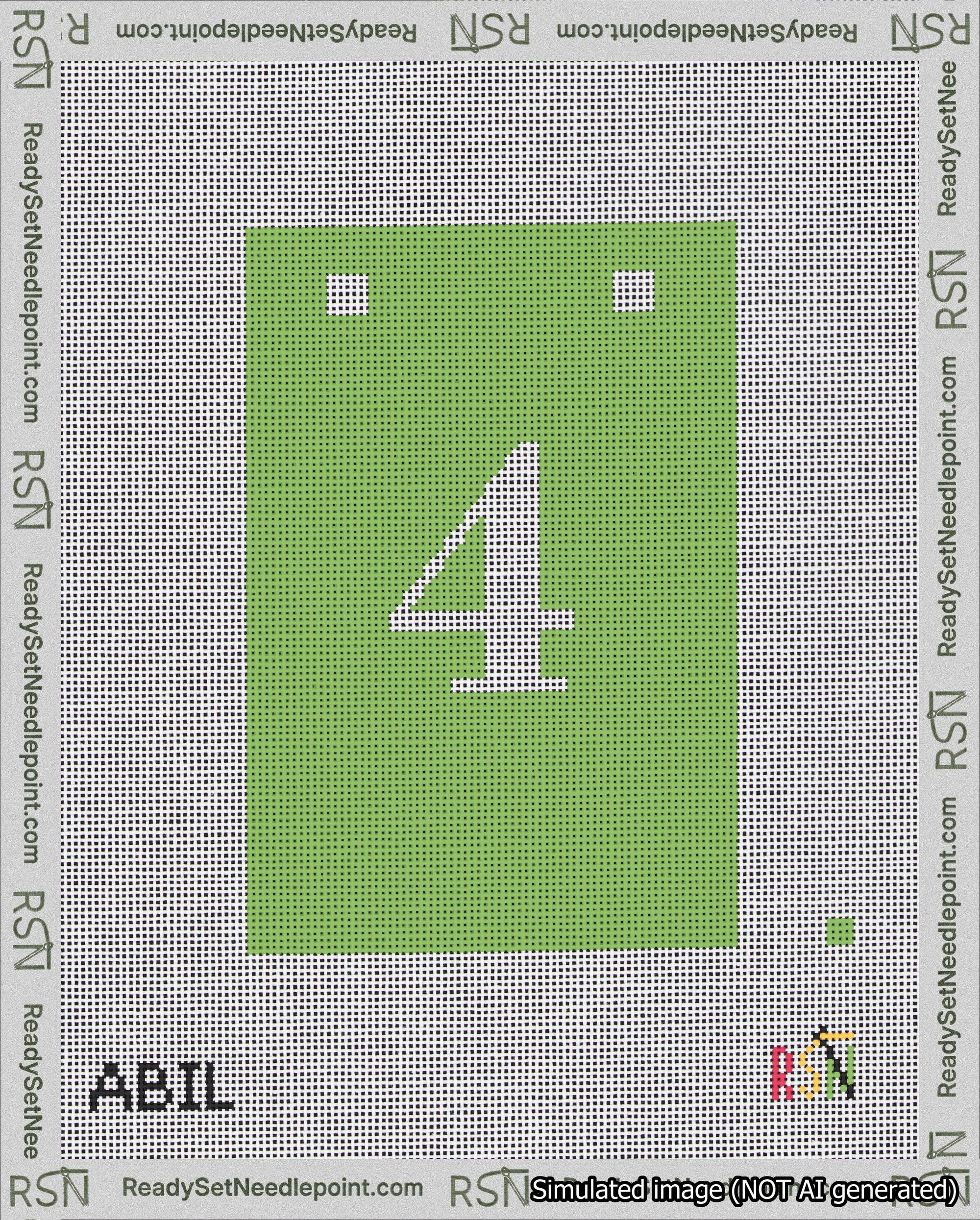 A taped needlepoint canvas with the design: Banner 18 mesh count Squared 4 White on Light Green.