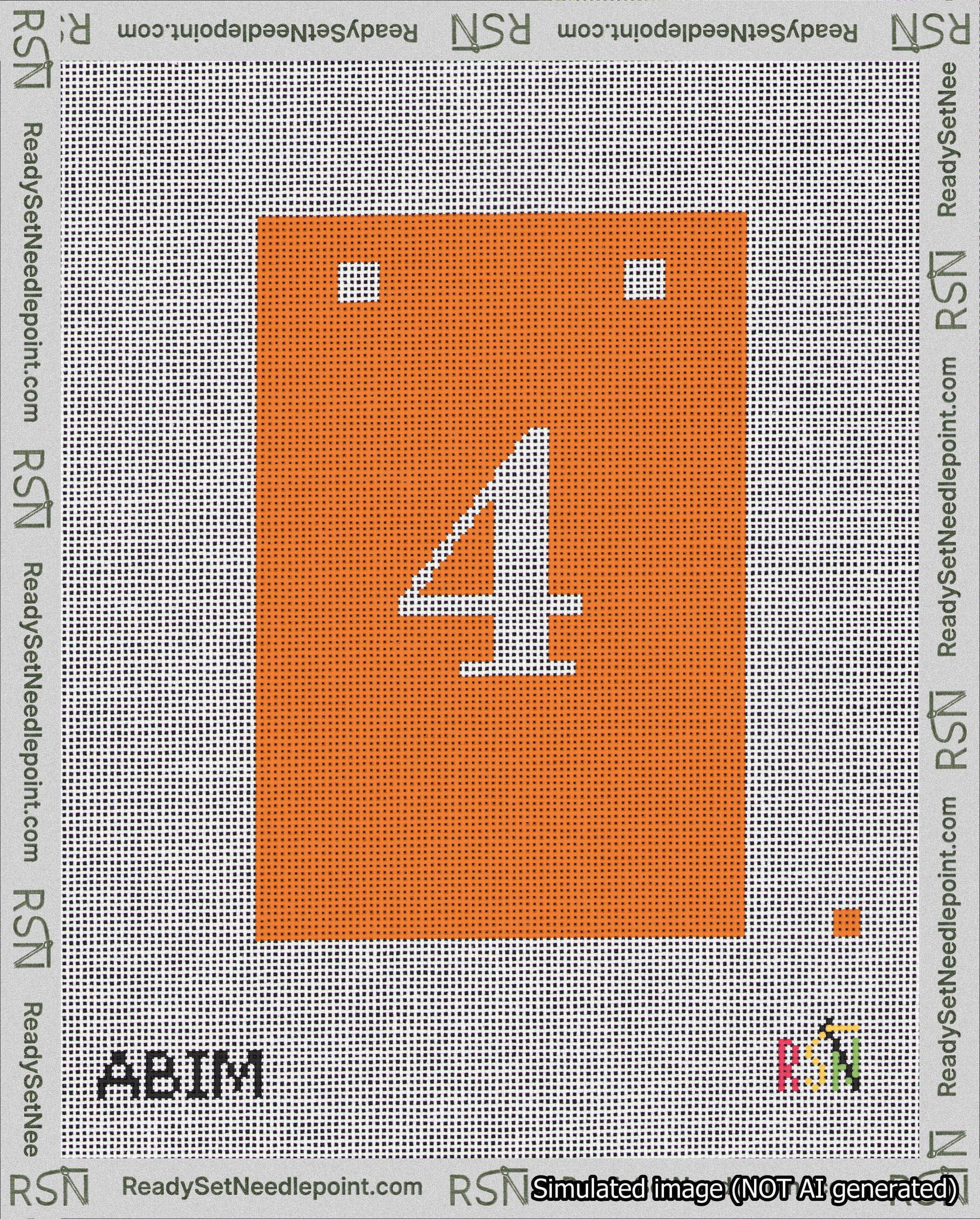 A taped needlepoint canvas with the design: Banner 18 mesh count Squared 4 White on Orange.