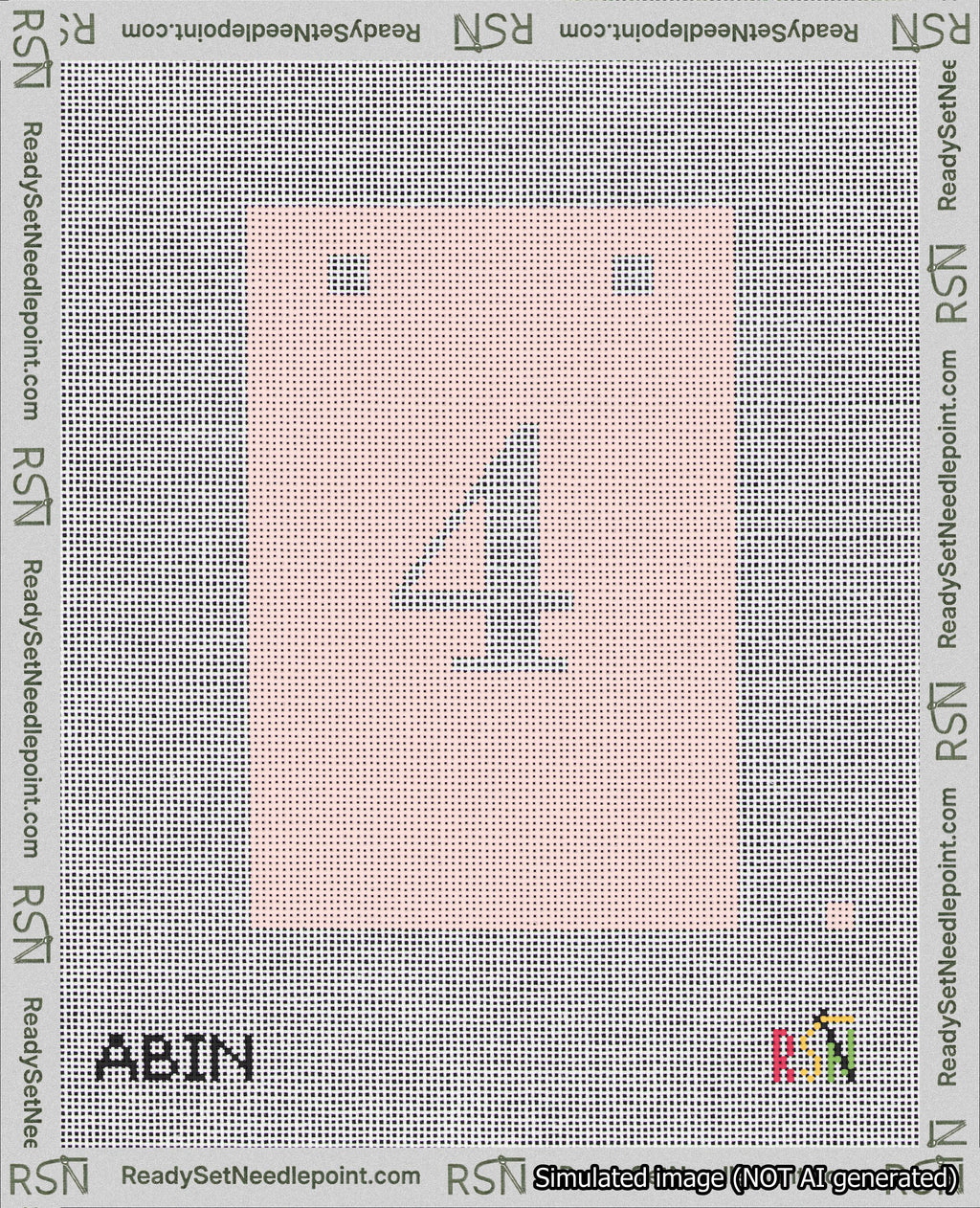 A taped needlepoint canvas with the design: Banner 18 mesh count Squared 4 White on Pink.