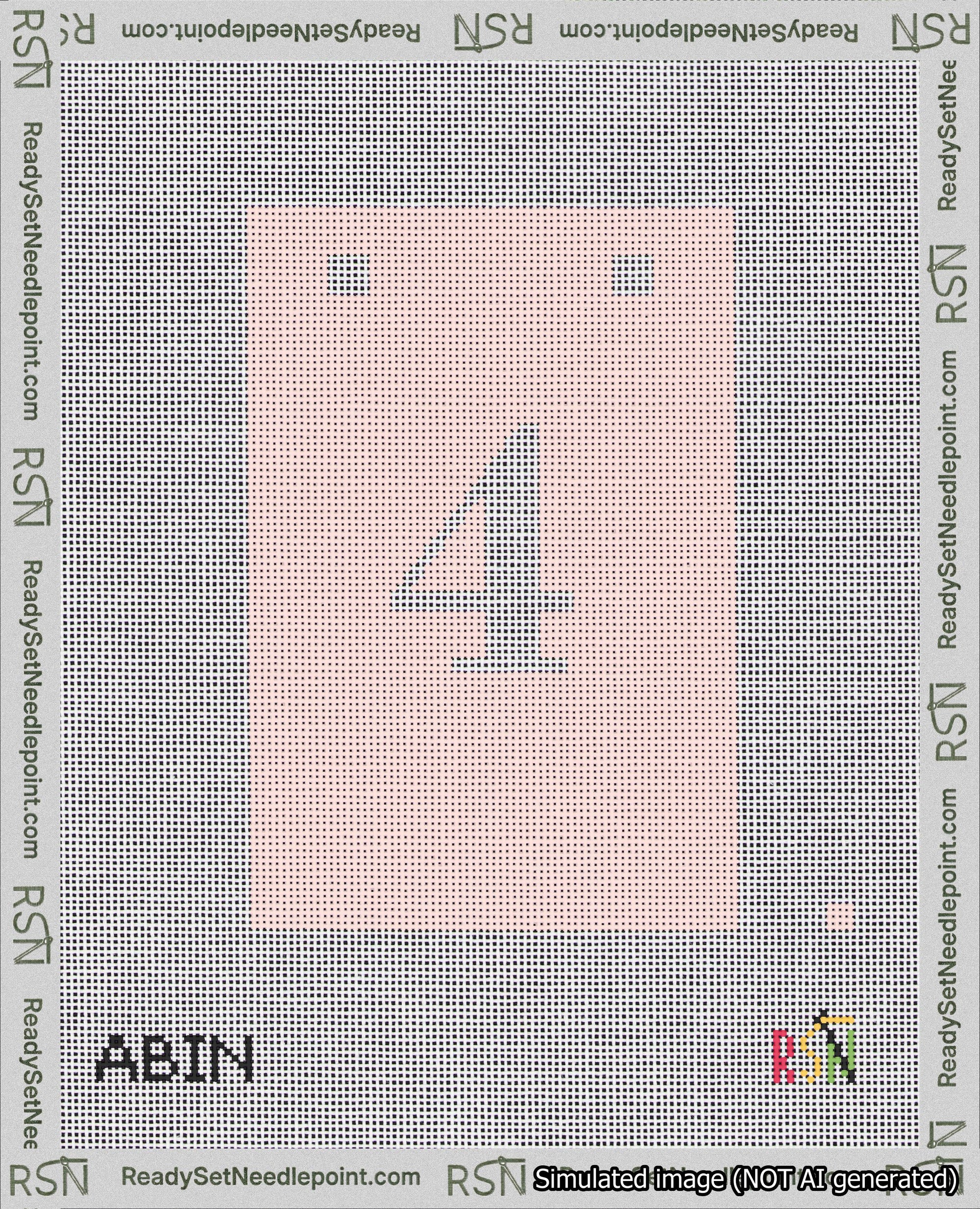 A taped needlepoint canvas with the design: Banner 18 mesh count Squared 4 White on Pink.