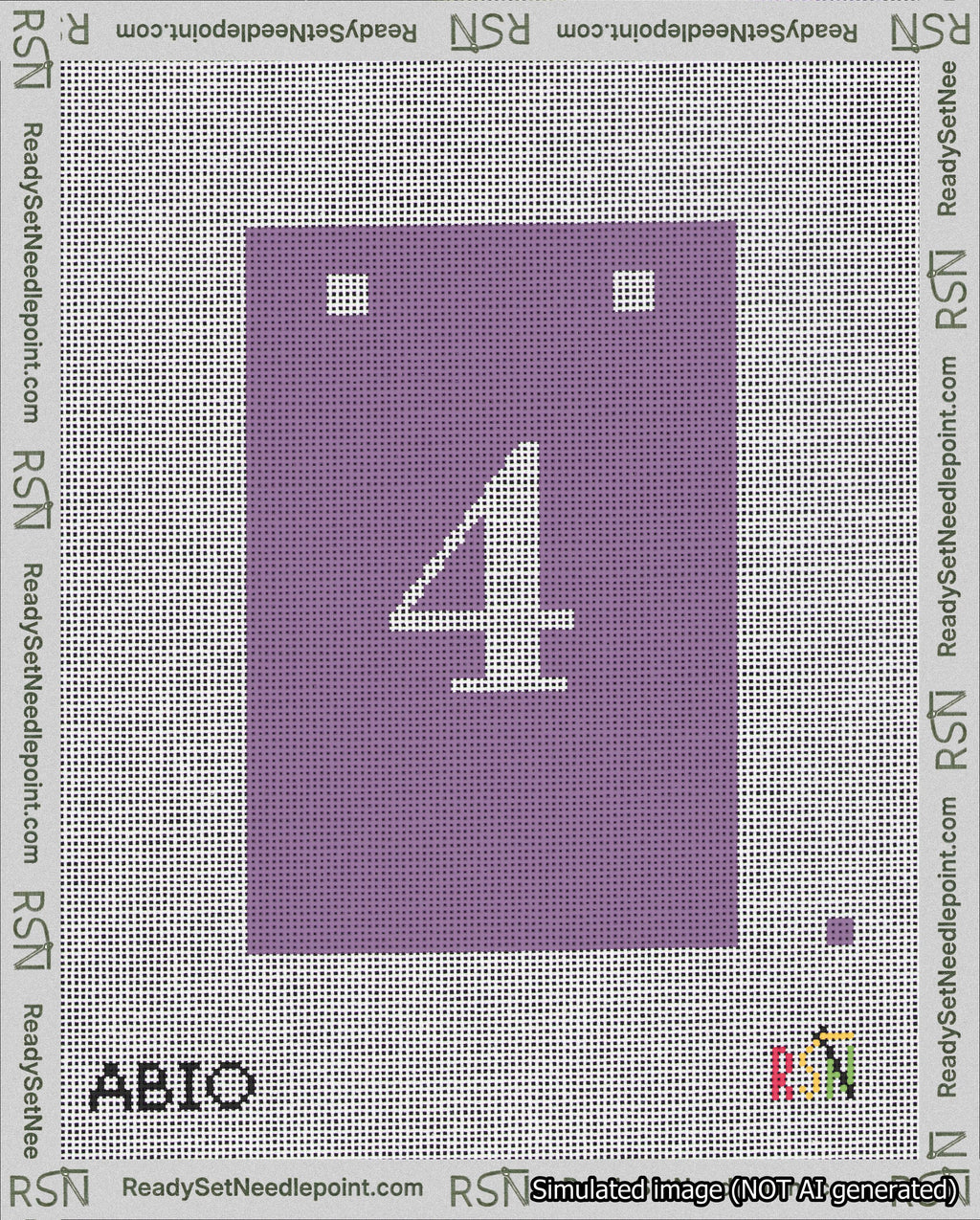 A taped needlepoint canvas with the design: Banner 18 mesh count Squared 4 White on Purple.