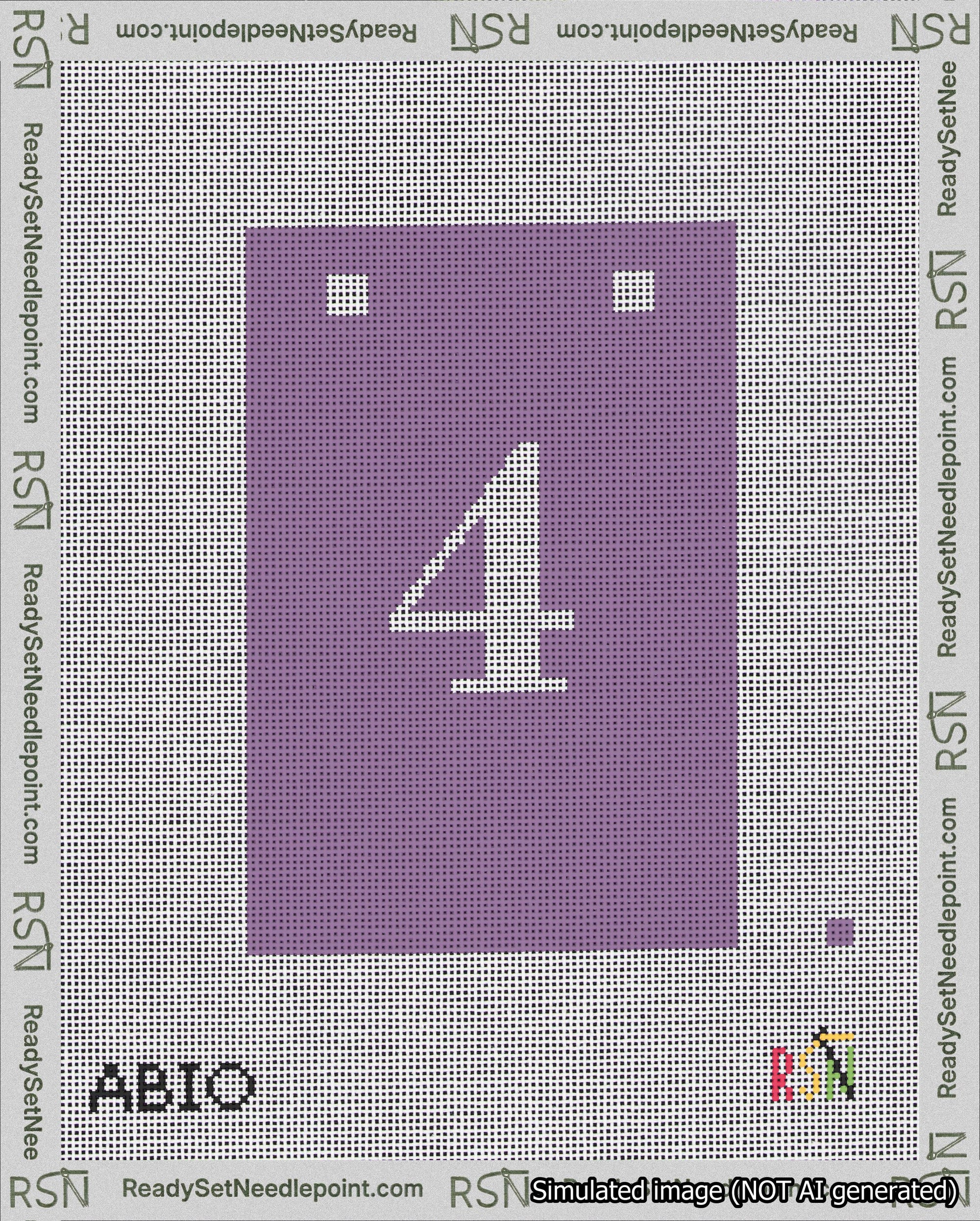 A taped needlepoint canvas with the design: Banner 18 mesh count Squared 4 White on Purple.