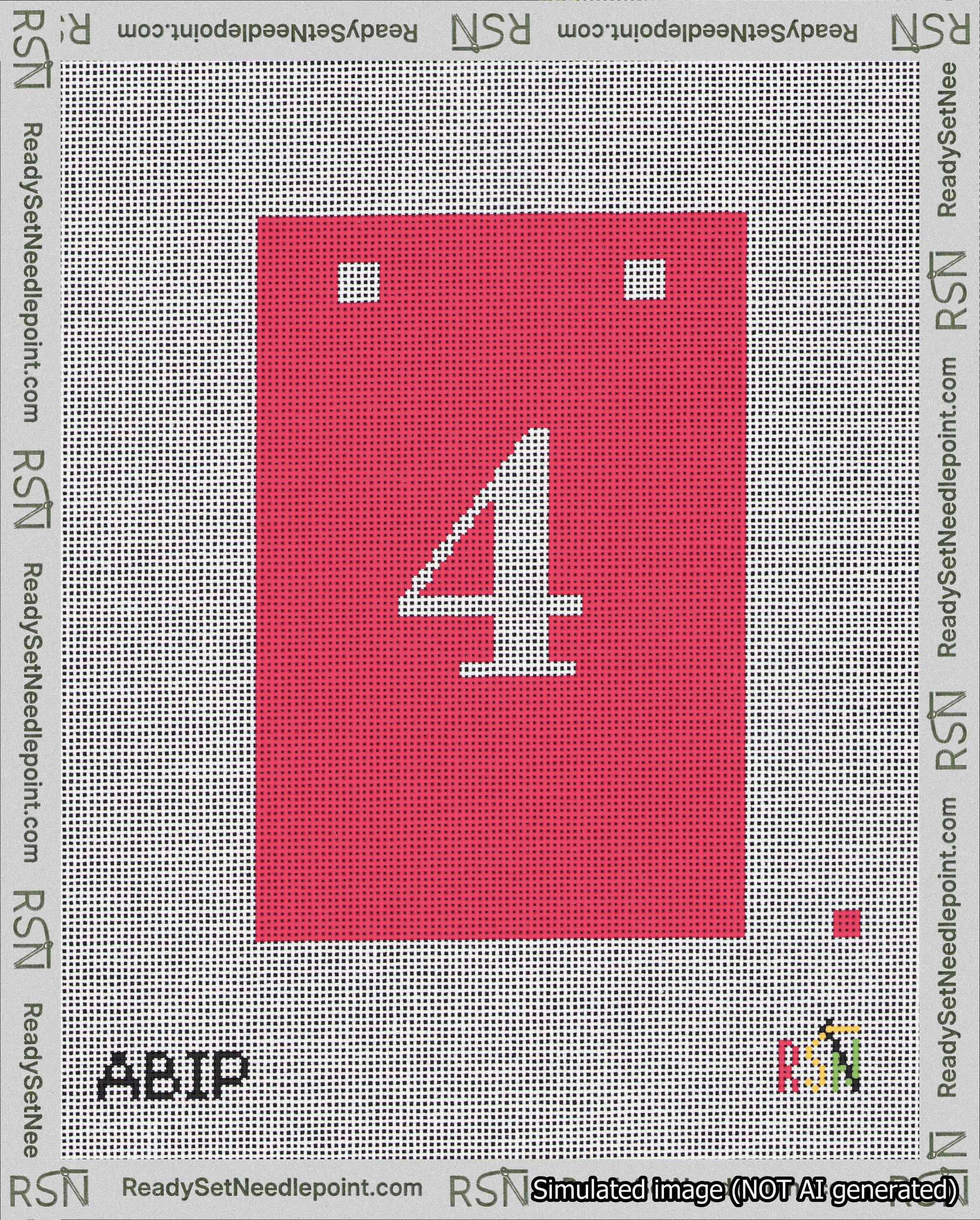 A taped needlepoint canvas with the design: Banner 18 mesh count Squared 4 White on Red.