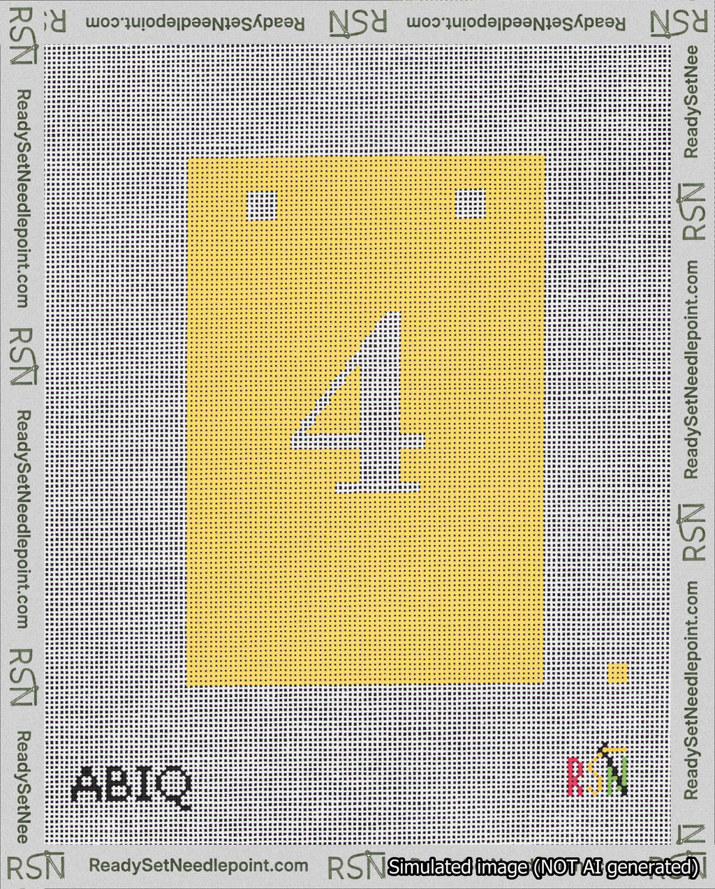 A taped needlepoint canvas with the design: Banner 18 mesh count Squared 4 White on Yellow.