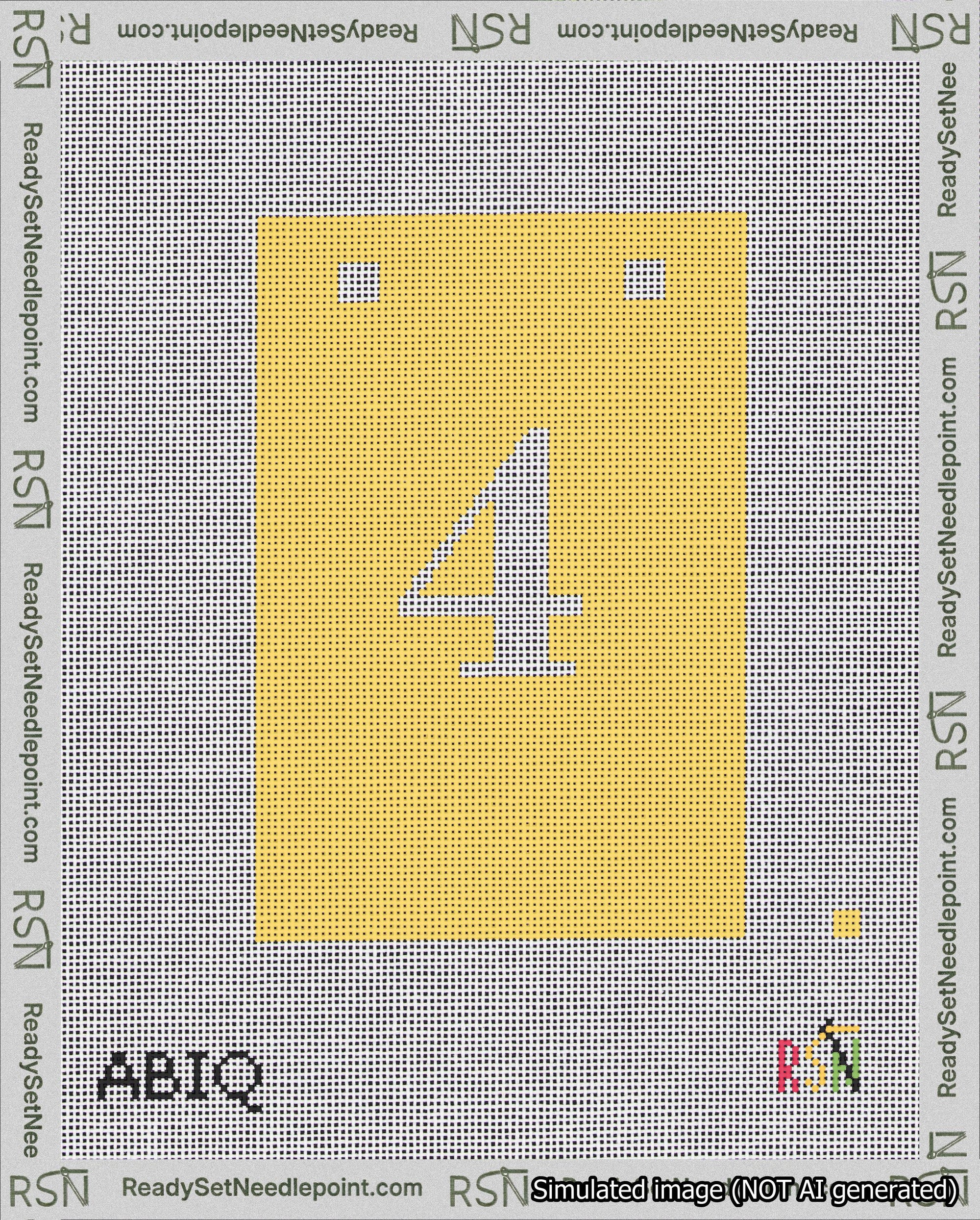A taped needlepoint canvas with the design: Banner 18 mesh count Squared 4 White on Yellow.