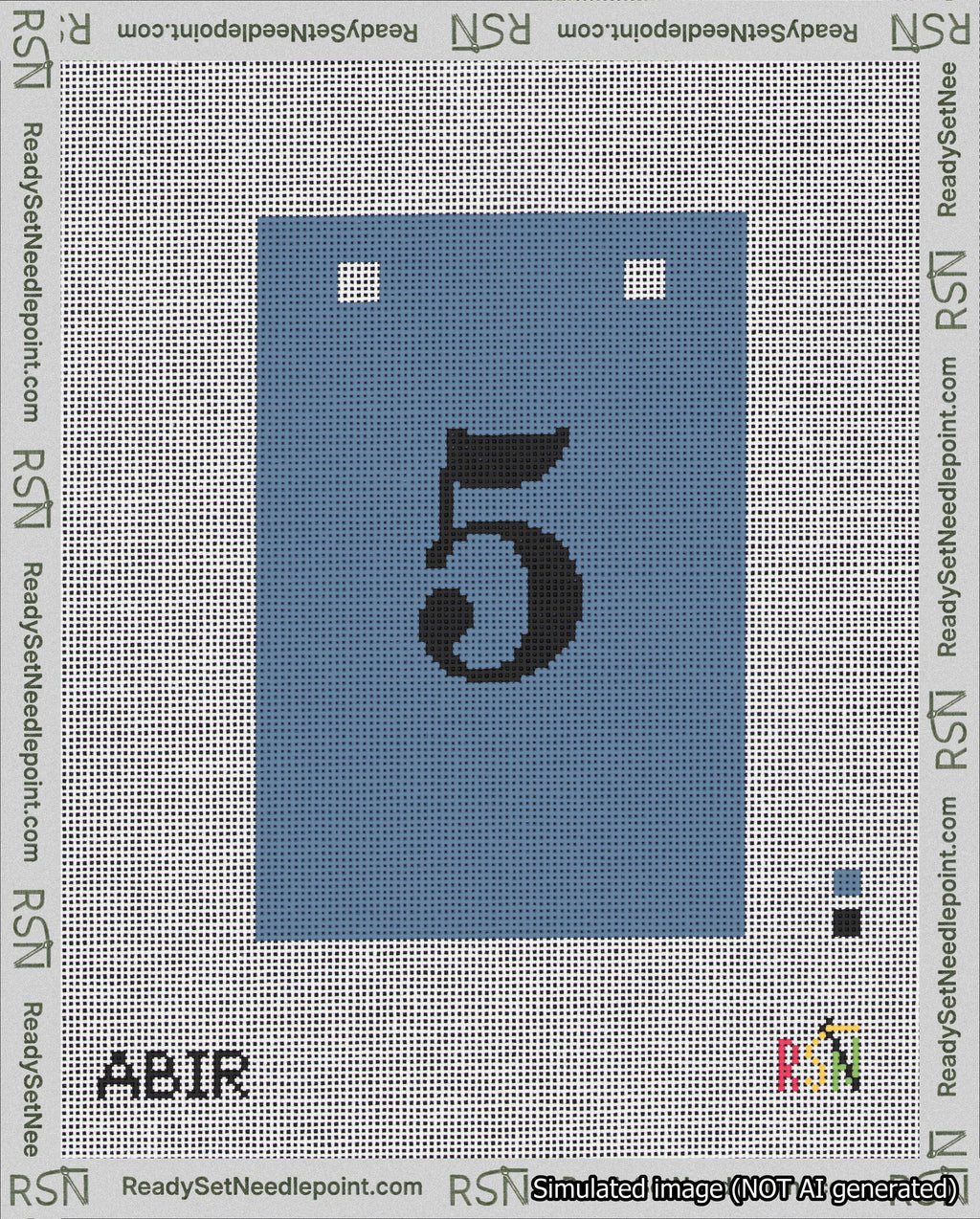 A taped needlepoint canvas with the design: Banner 18 mesh count Squared 5 Black on Blue.