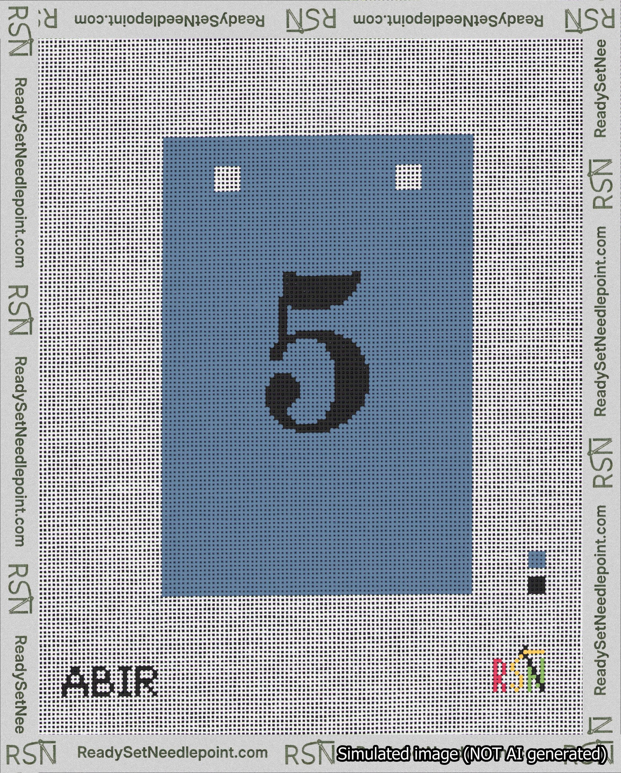 A taped needlepoint canvas with the design: Banner 18 mesh count Squared 5 Black on Blue.