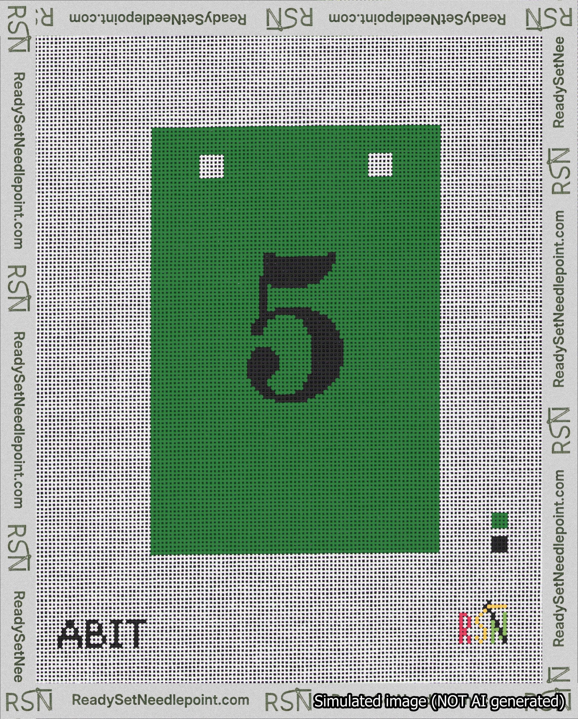 A taped needlepoint canvas with the design: Banner 18 mesh count Squared 5 Black on Green.