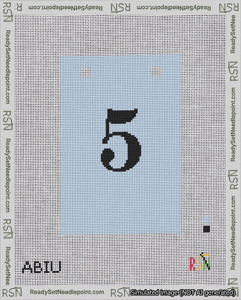 A taped needlepoint canvas with the design: Banner 18 mesh count Squared 5 Black on Light Blue.