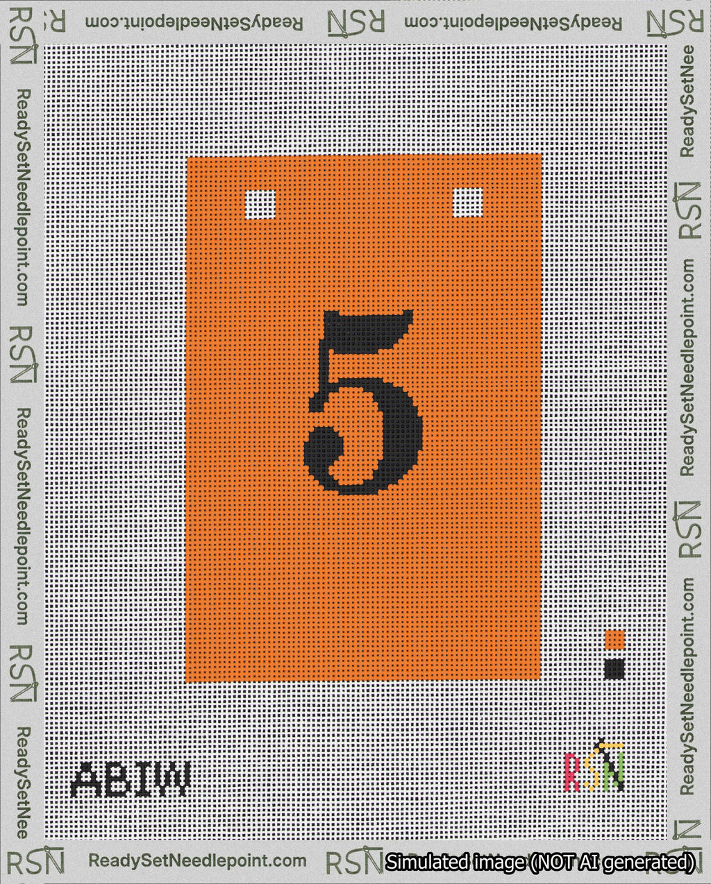 A taped needlepoint canvas with the design: Banner 18 mesh count Squared 5 Black on Orange.