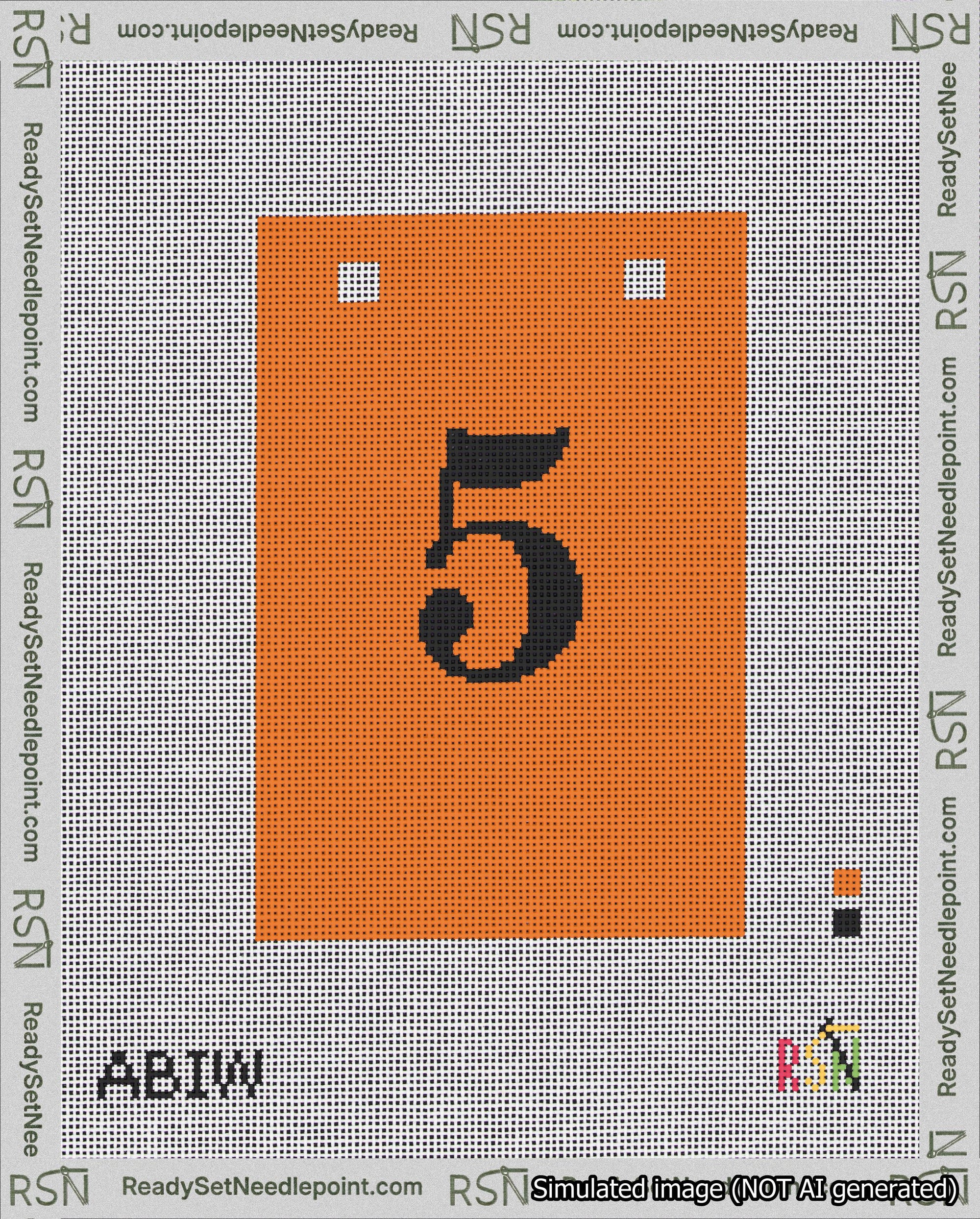 A taped needlepoint canvas with the design: Banner 18 mesh count Squared 5 Black on Orange.