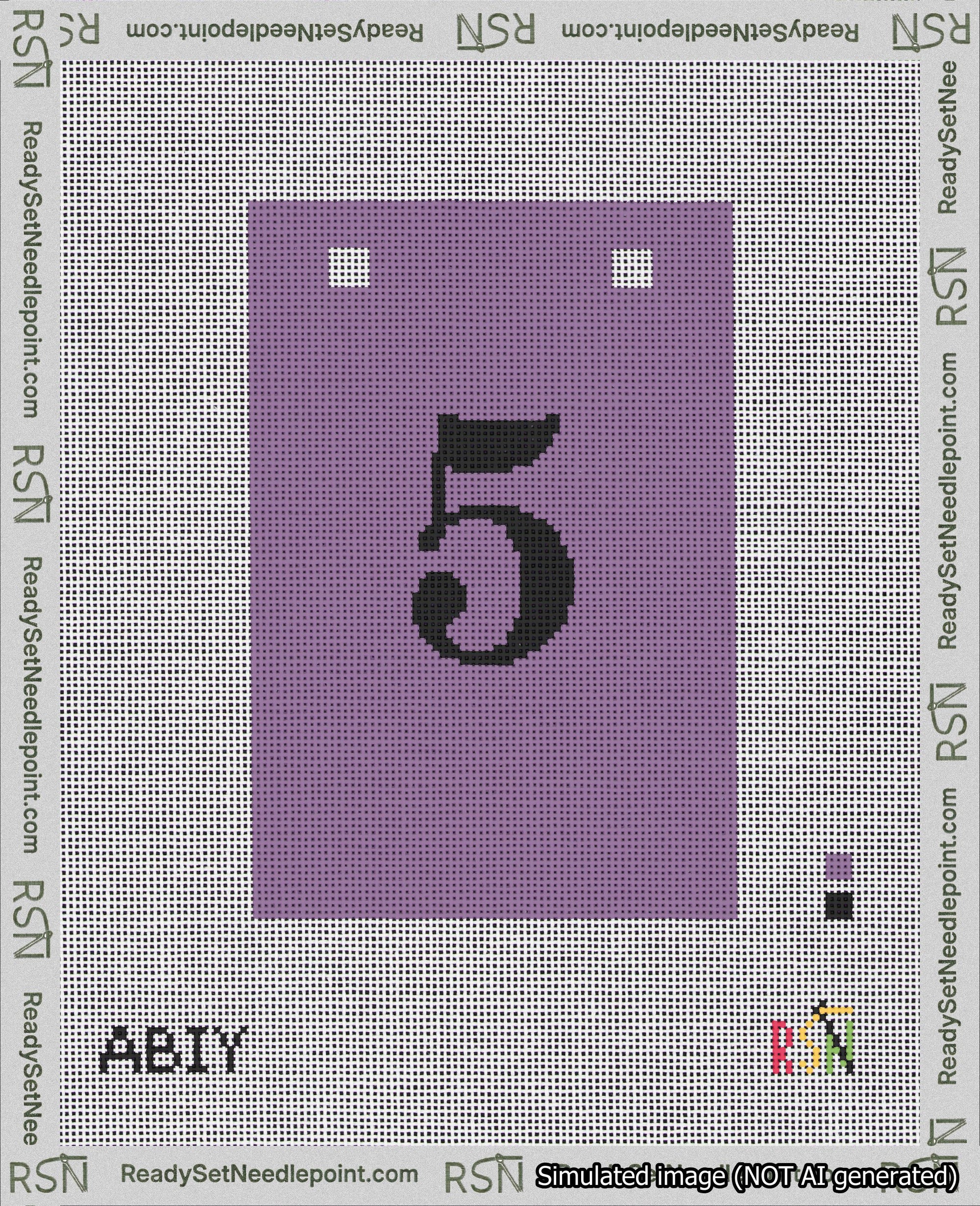 A taped needlepoint canvas with the design: Banner 18 mesh count Squared 5 Black on Purple.