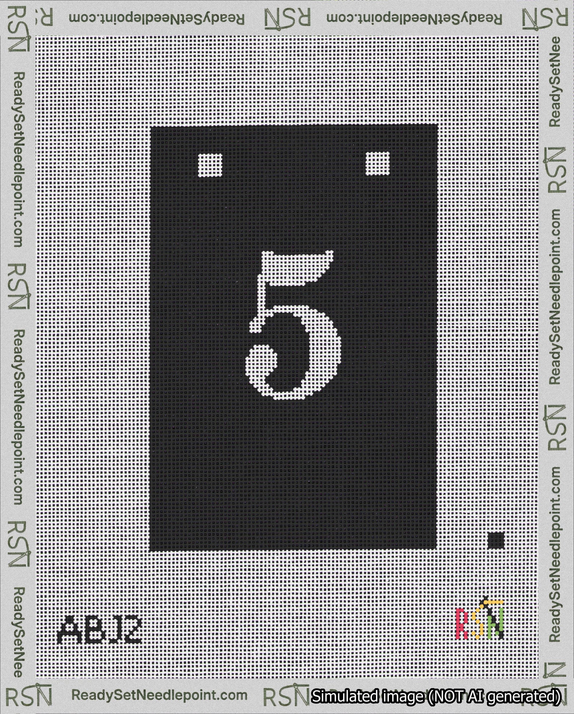 A taped needlepoint canvas with the design: Banner 18 mesh count Squared 5 White on Black.