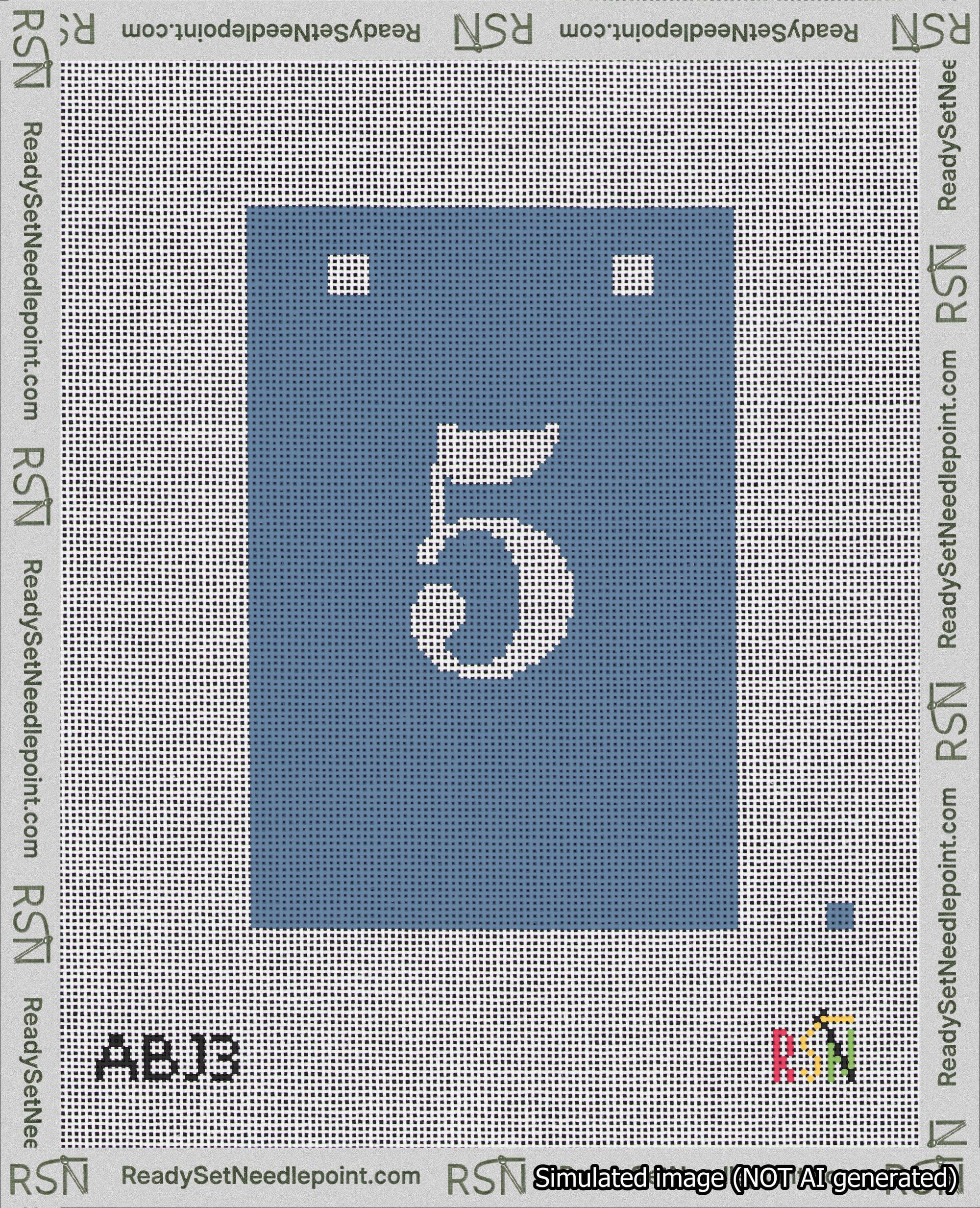 A taped needlepoint canvas with the design: Banner 18 mesh count Squared 5 White on Blue.