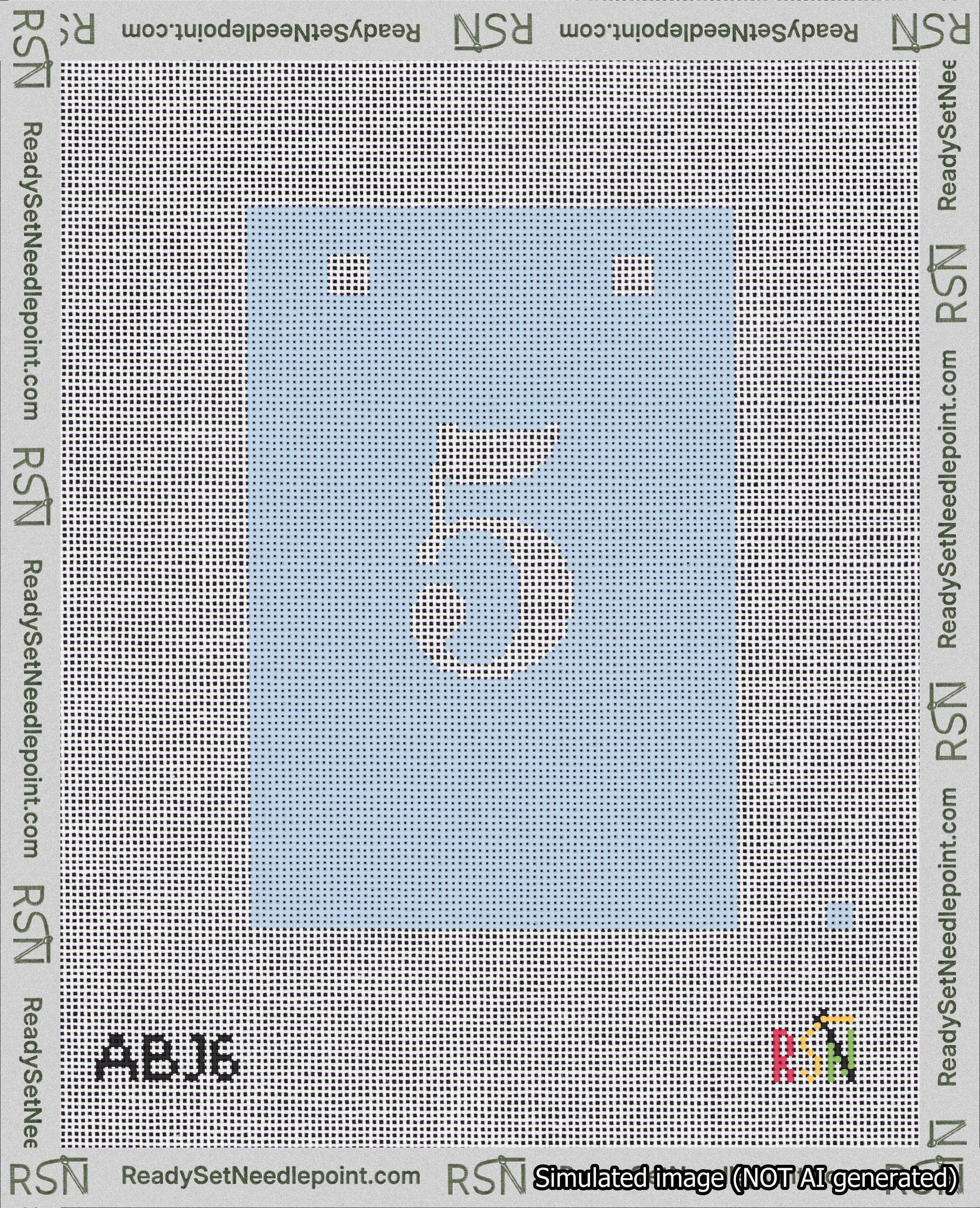 A taped needlepoint canvas with the design: Banner 18 mesh count Squared 5 White on Light Blue.