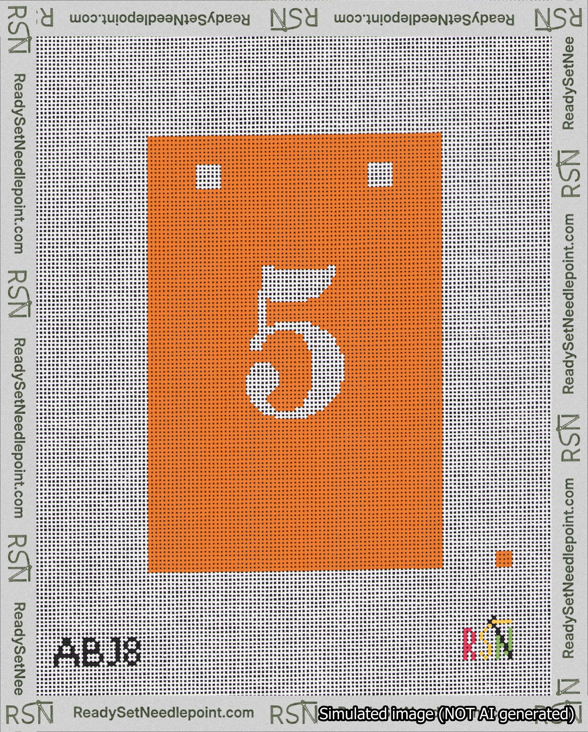 A taped needlepoint canvas with the design: Banner 18 mesh count Squared 5 White on Orange.