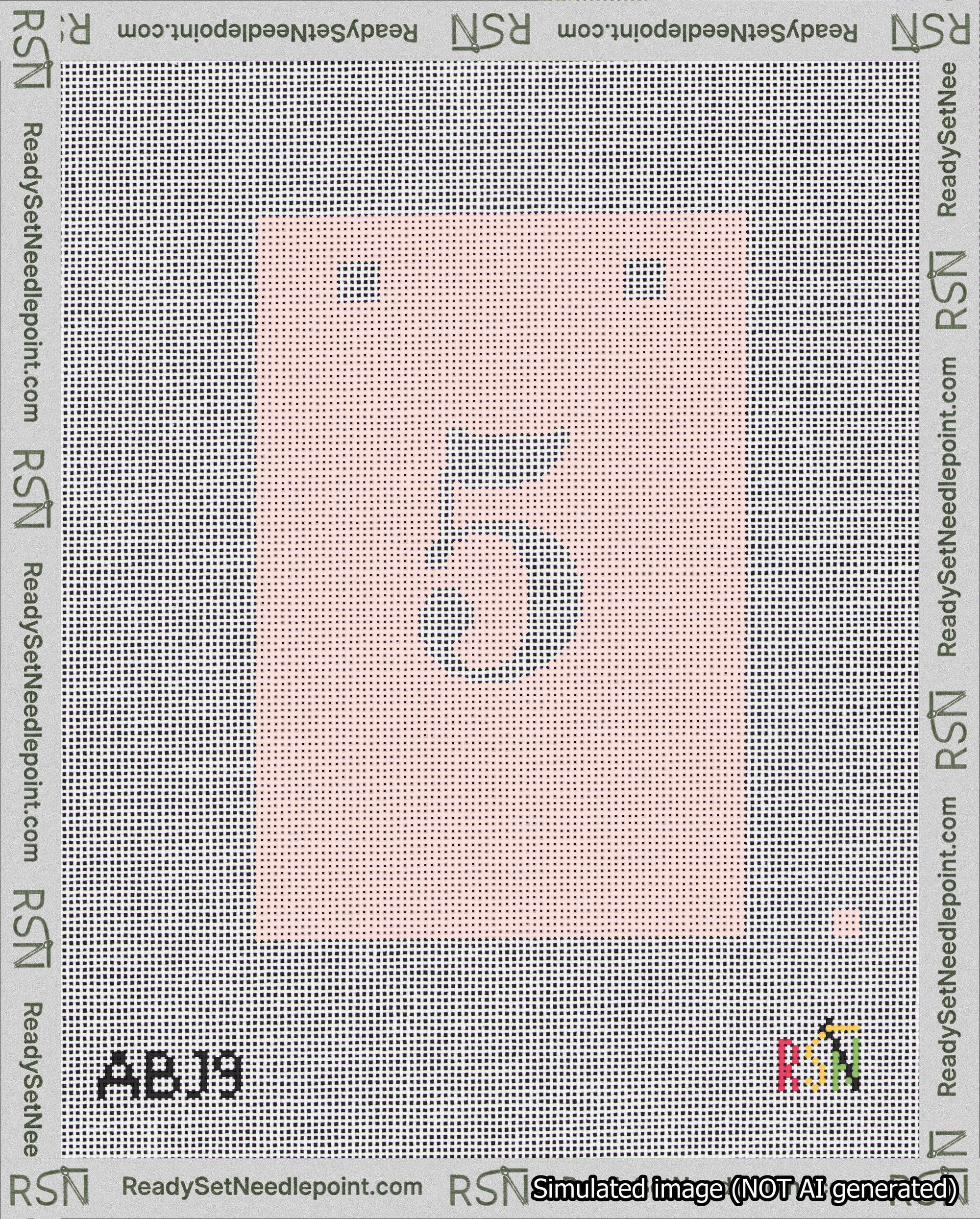 A taped needlepoint canvas with the design: Banner 18 mesh count Squared 5 White on Pink.