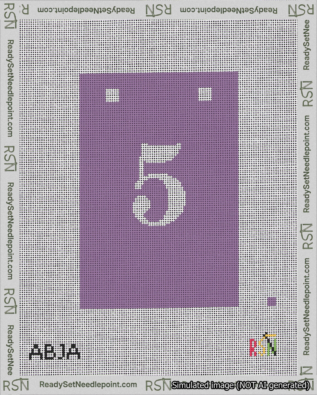 A taped needlepoint canvas with the design: Banner 18 mesh count Squared 5 White on Purple.