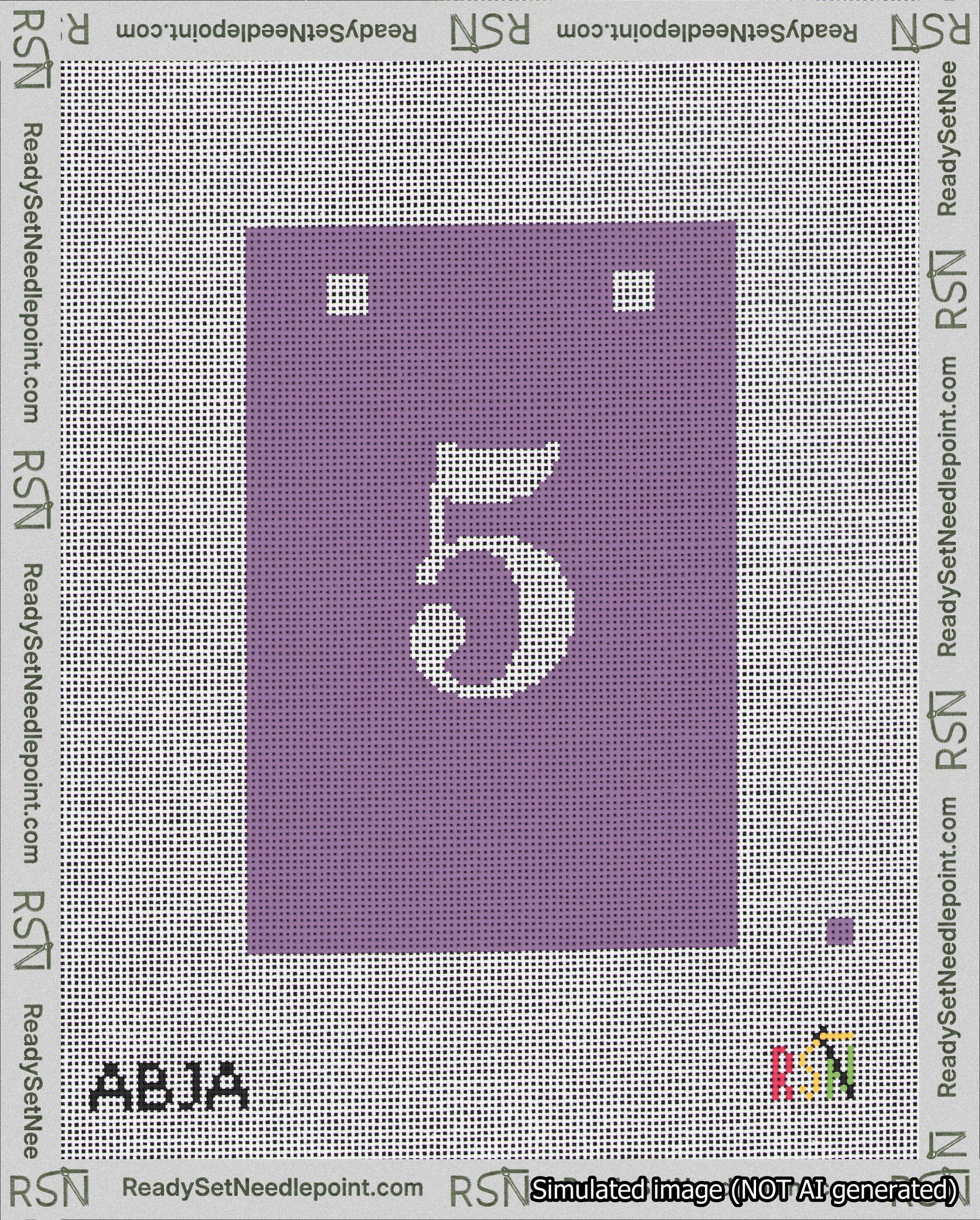 A taped needlepoint canvas with the design: Banner 18 mesh count Squared 5 White on Purple.