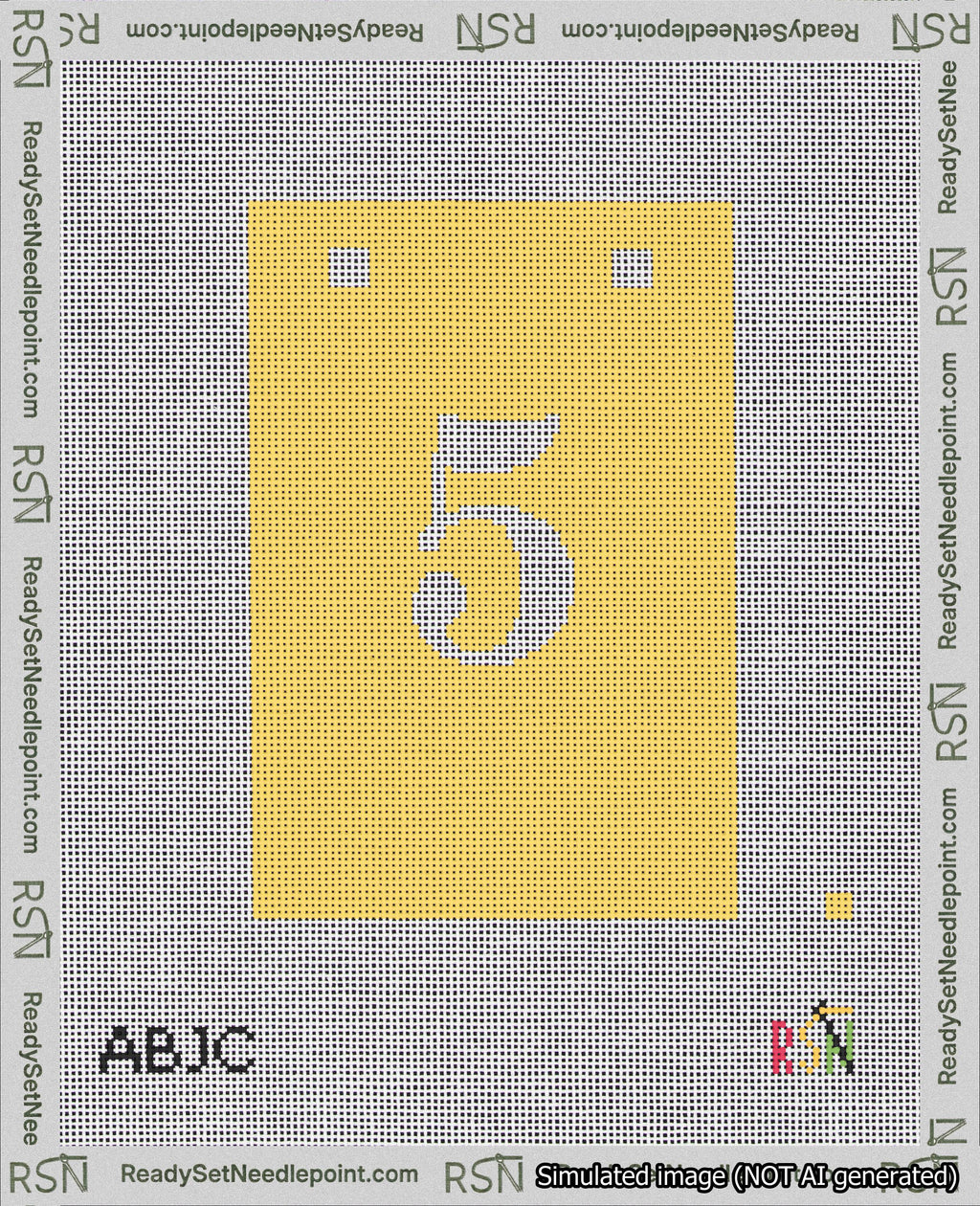 A taped needlepoint canvas with the design: Banner 18 mesh count Squared 5 White on Yellow.