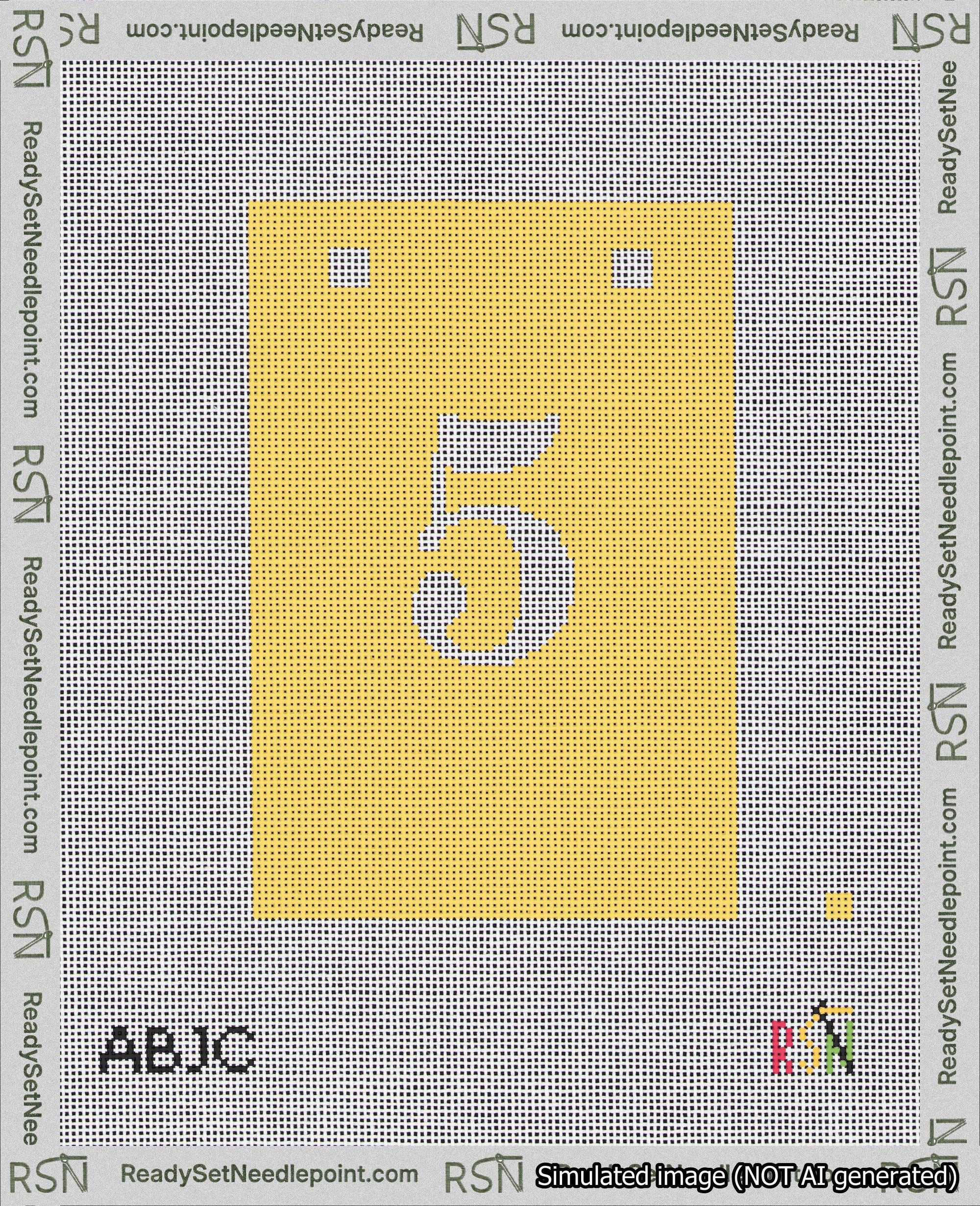 A taped needlepoint canvas with the design: Banner 18 mesh count Squared 5 White on Yellow.