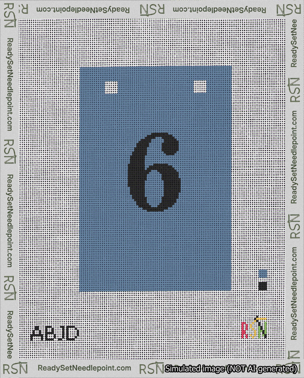 A taped needlepoint canvas with the design: Banner 18 mesh count Squared 6 Black on Blue.