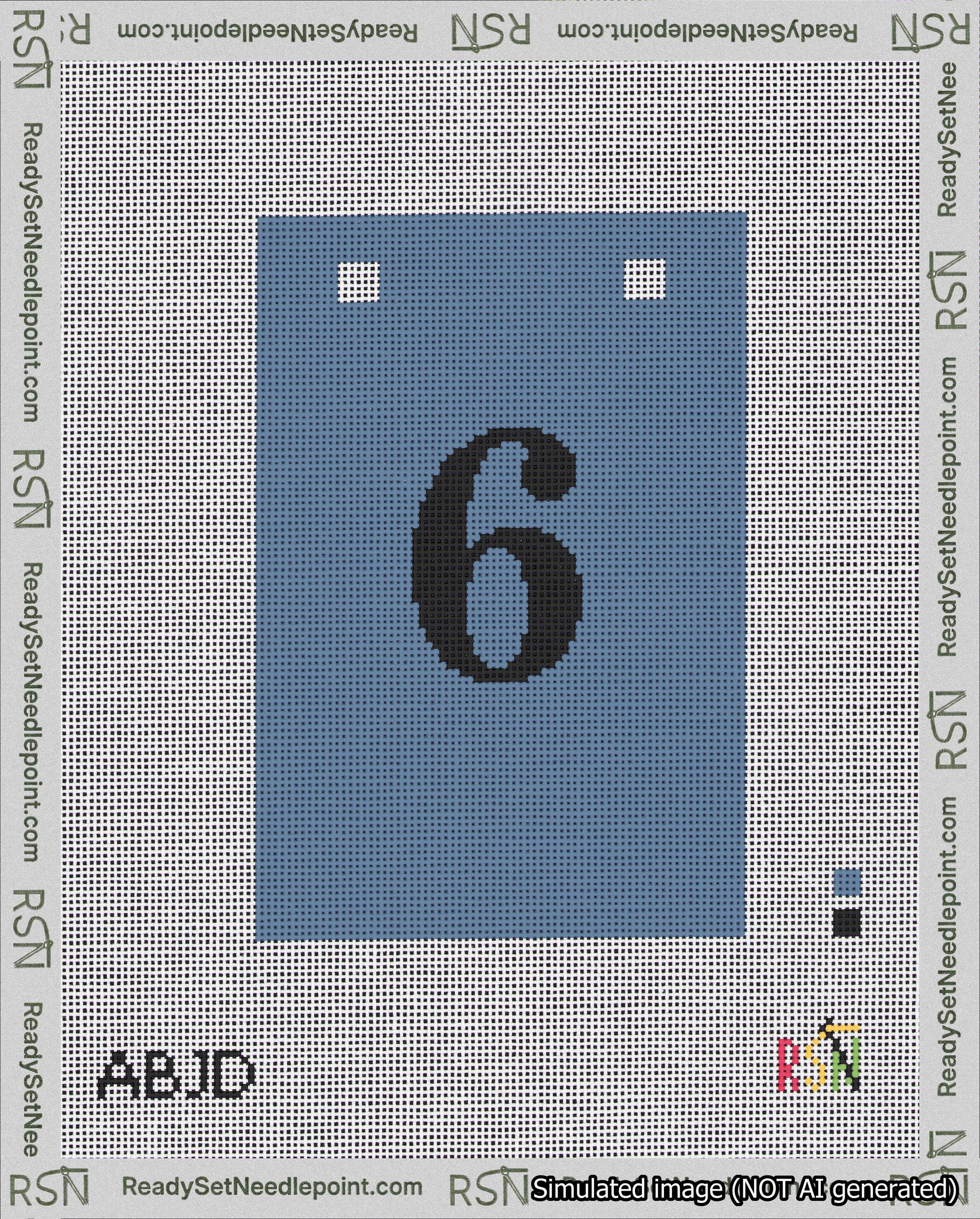 A taped needlepoint canvas with the design: Banner 18 mesh count Squared 6 Black on Blue.