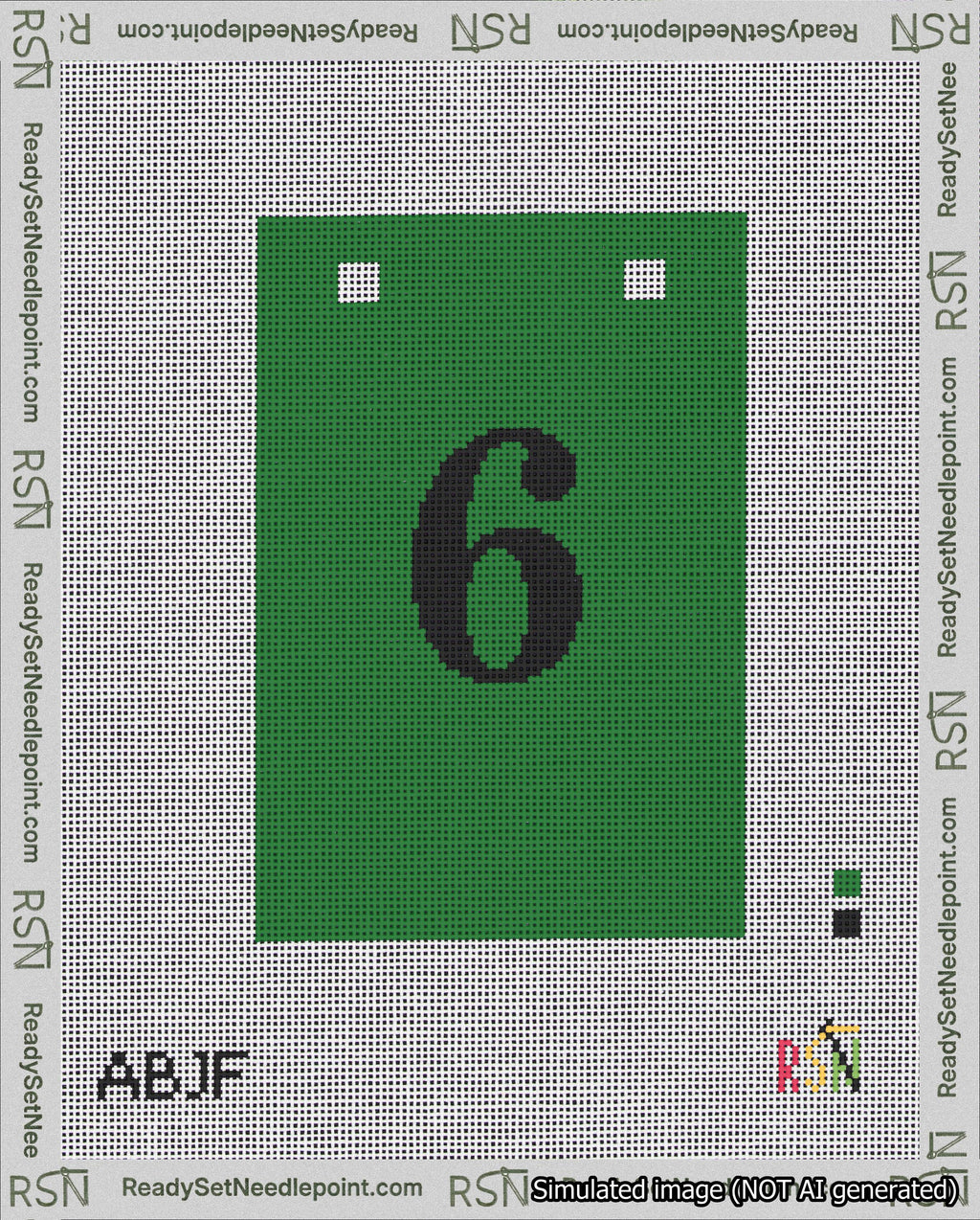 A taped needlepoint canvas with the design: Banner 18 mesh count Squared 6 Black on Green.