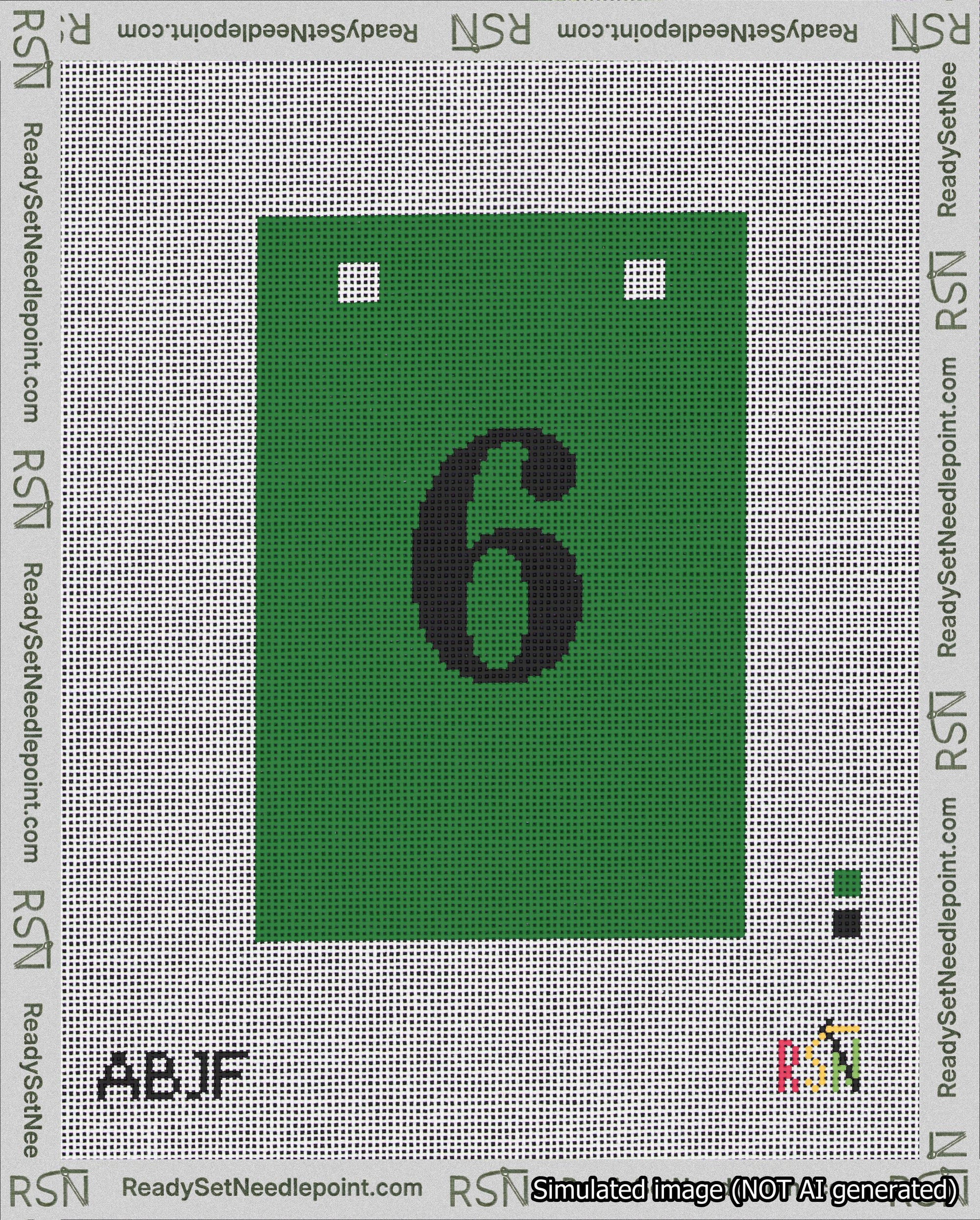 A taped needlepoint canvas with the design: Banner 18 mesh count Squared 6 Black on Green.