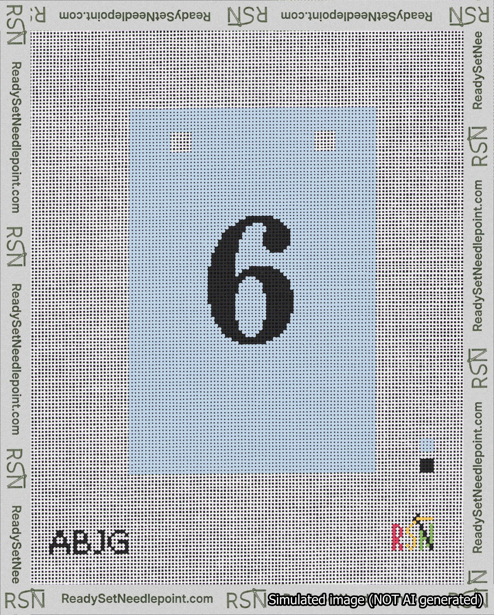 A taped needlepoint canvas with the design: Banner 18 mesh count Squared 6 Black on Light Blue.