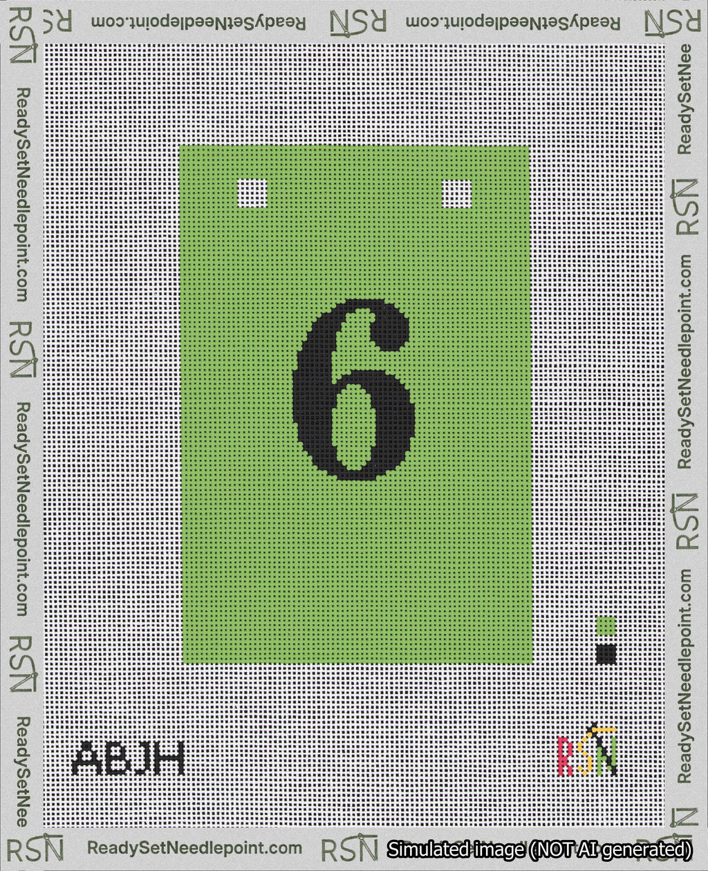 A taped needlepoint canvas with the design: Banner 18 mesh count Squared 6 Black on Light Green.