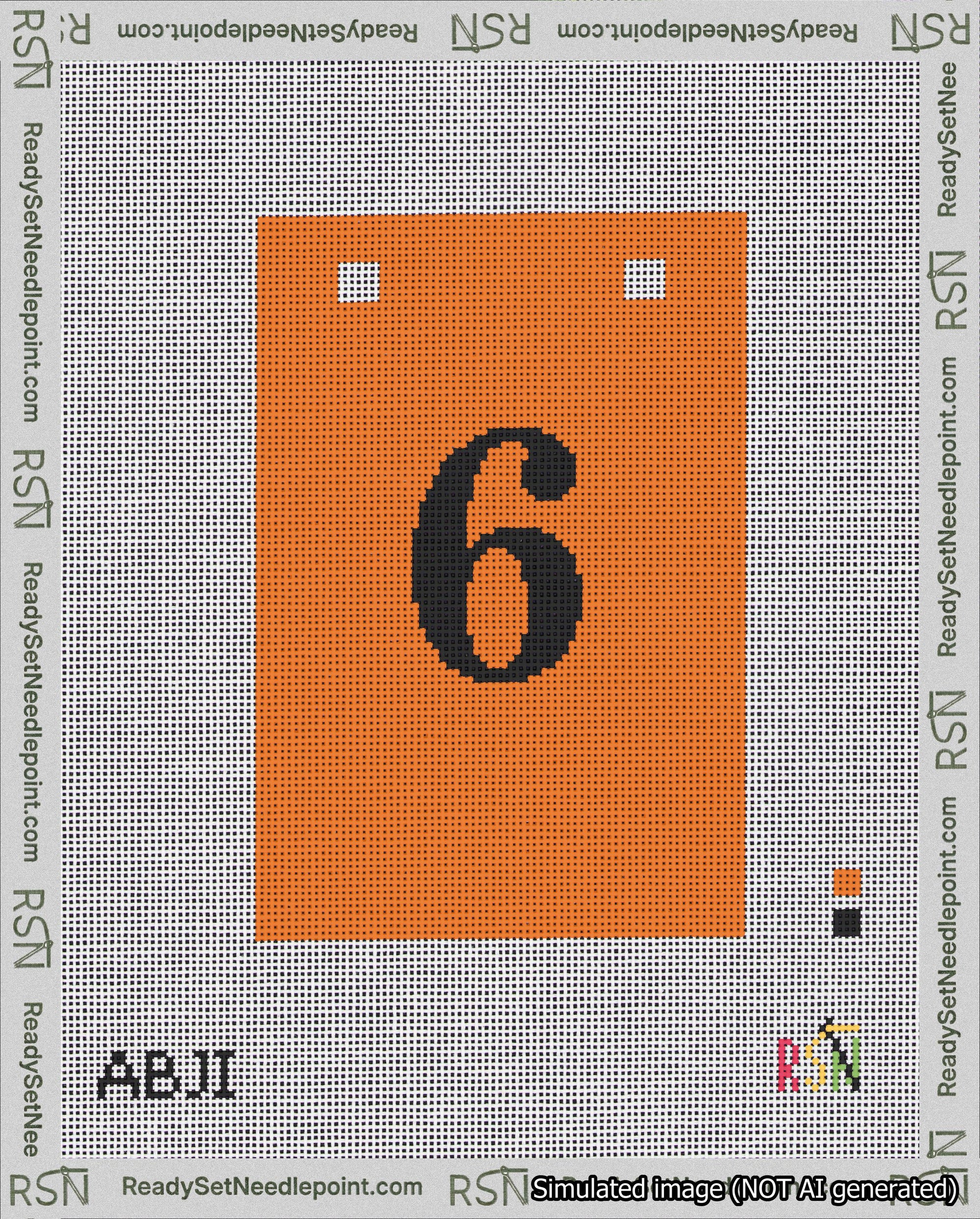 A taped needlepoint canvas with the design: Banner 18 mesh count Squared 6 Black on Orange.