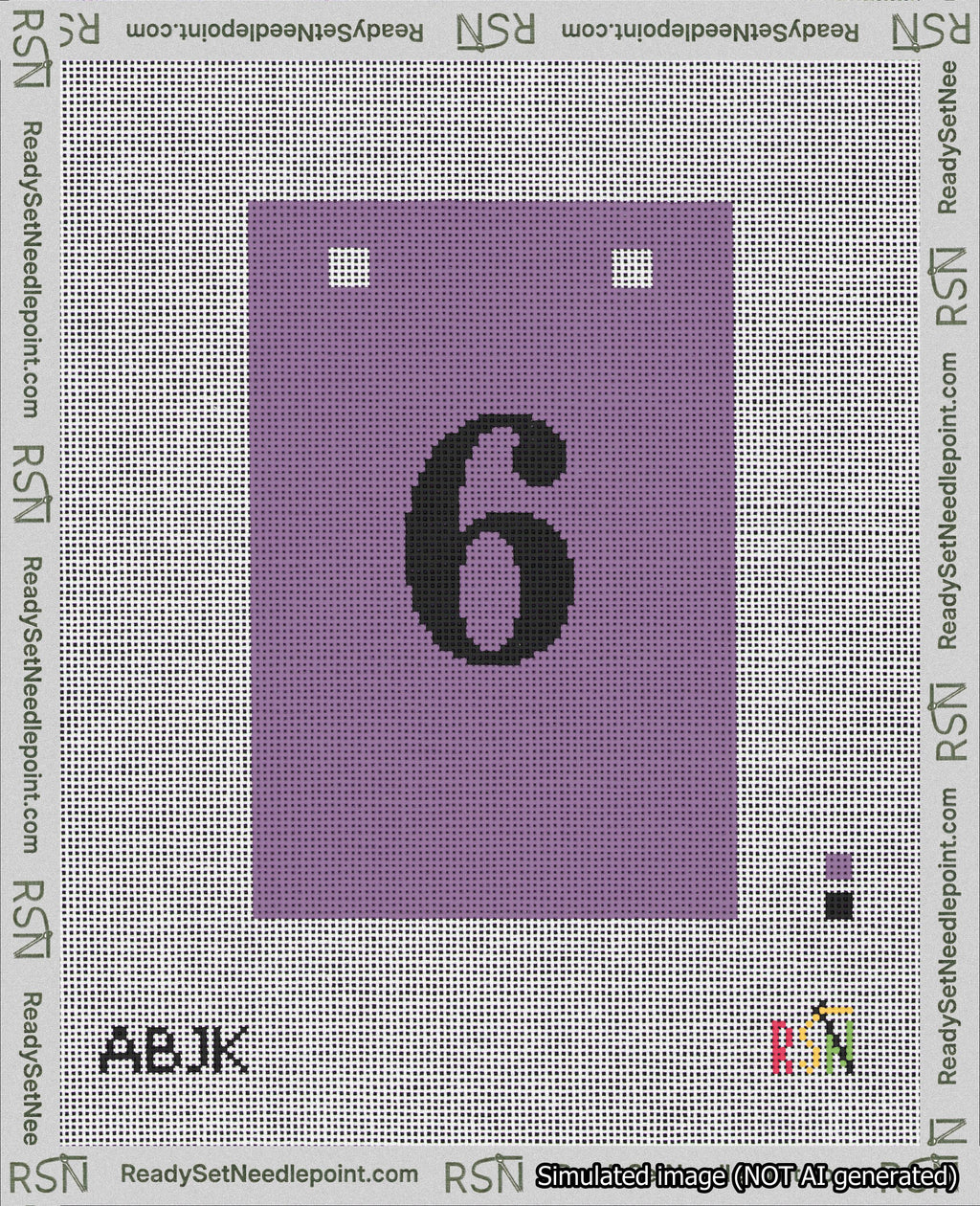 A taped needlepoint canvas with the design: Banner 18 mesh count Squared 6 Black on Purple.