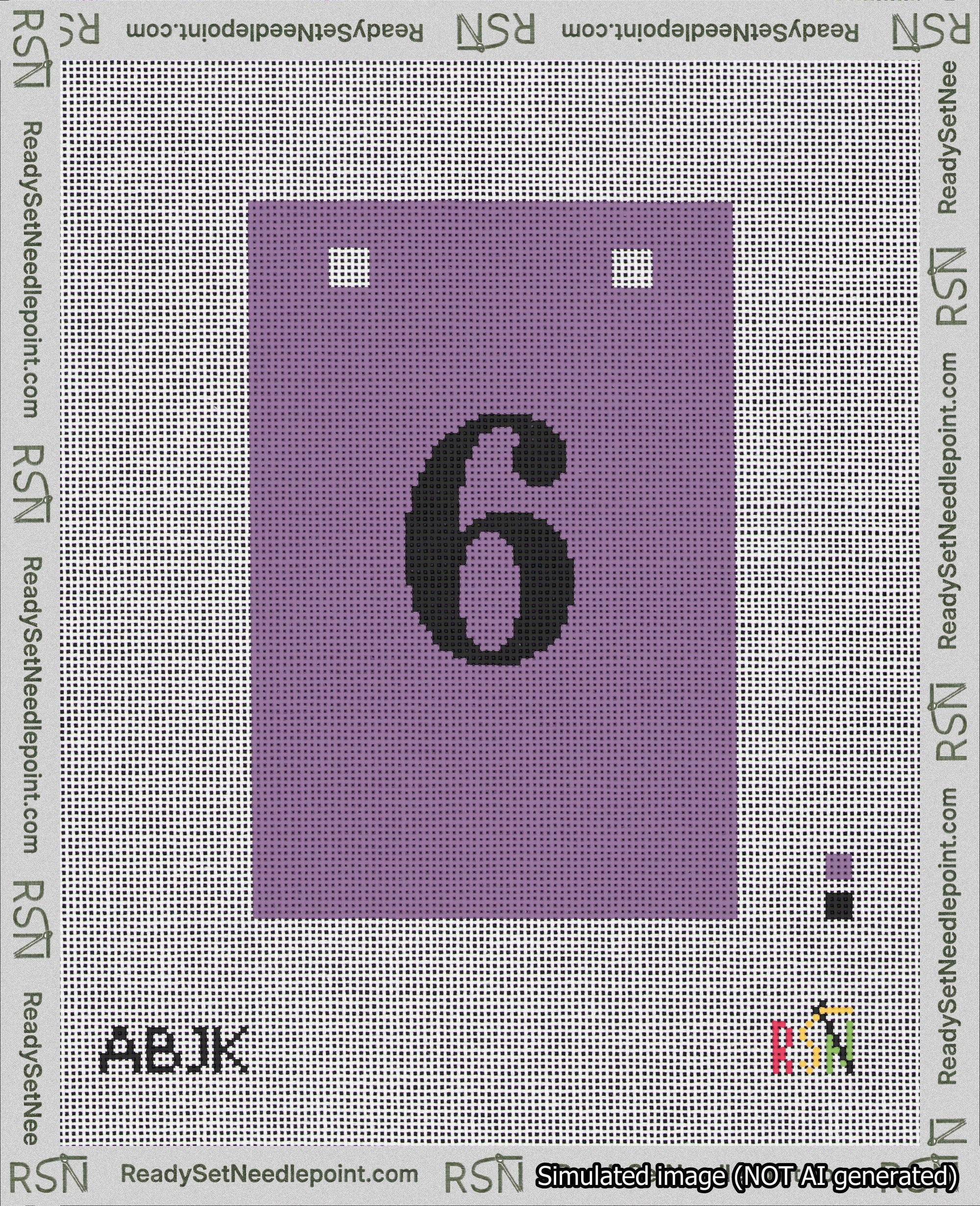 A taped needlepoint canvas with the design: Banner 18 mesh count Squared 6 Black on Purple.