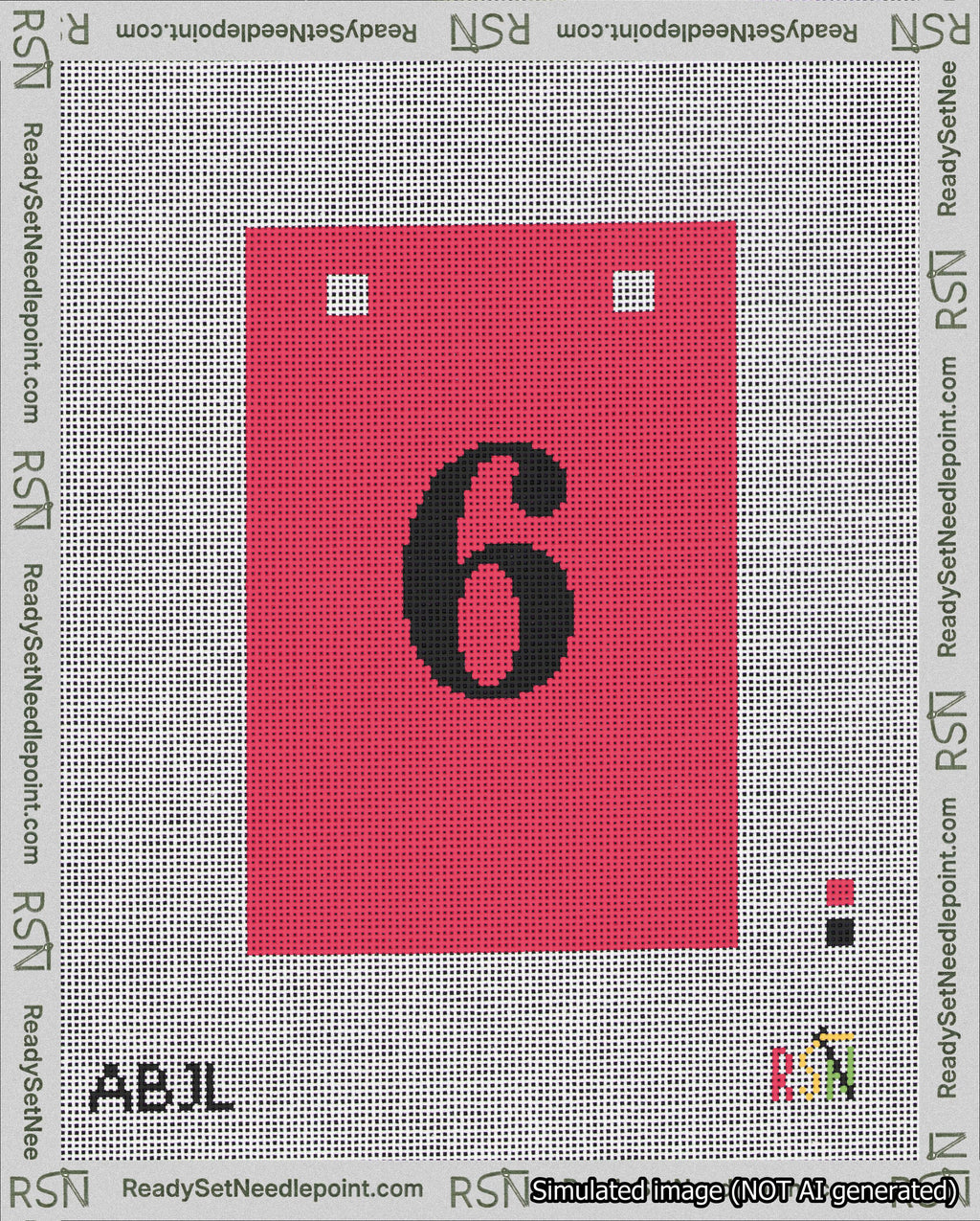 A taped needlepoint canvas with the design: Banner 18 mesh count Squared 6 Black on Red.