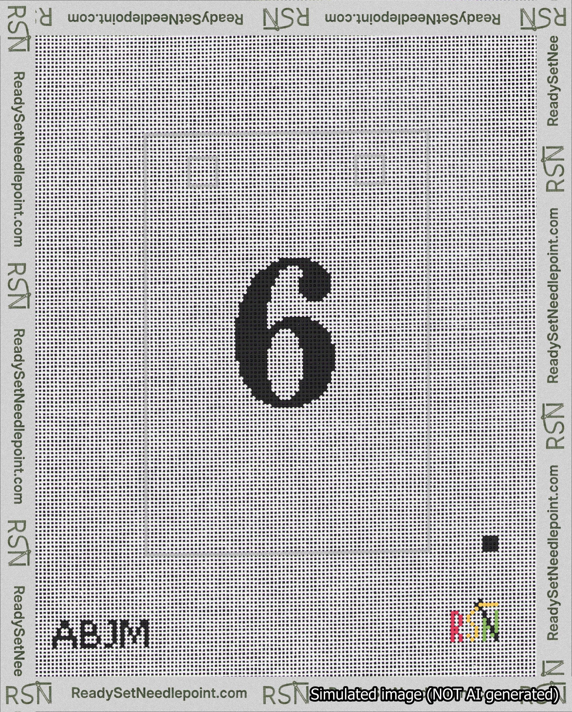 A taped needlepoint canvas with the design: Banner 18 mesh count Squared 6 Black on White.
