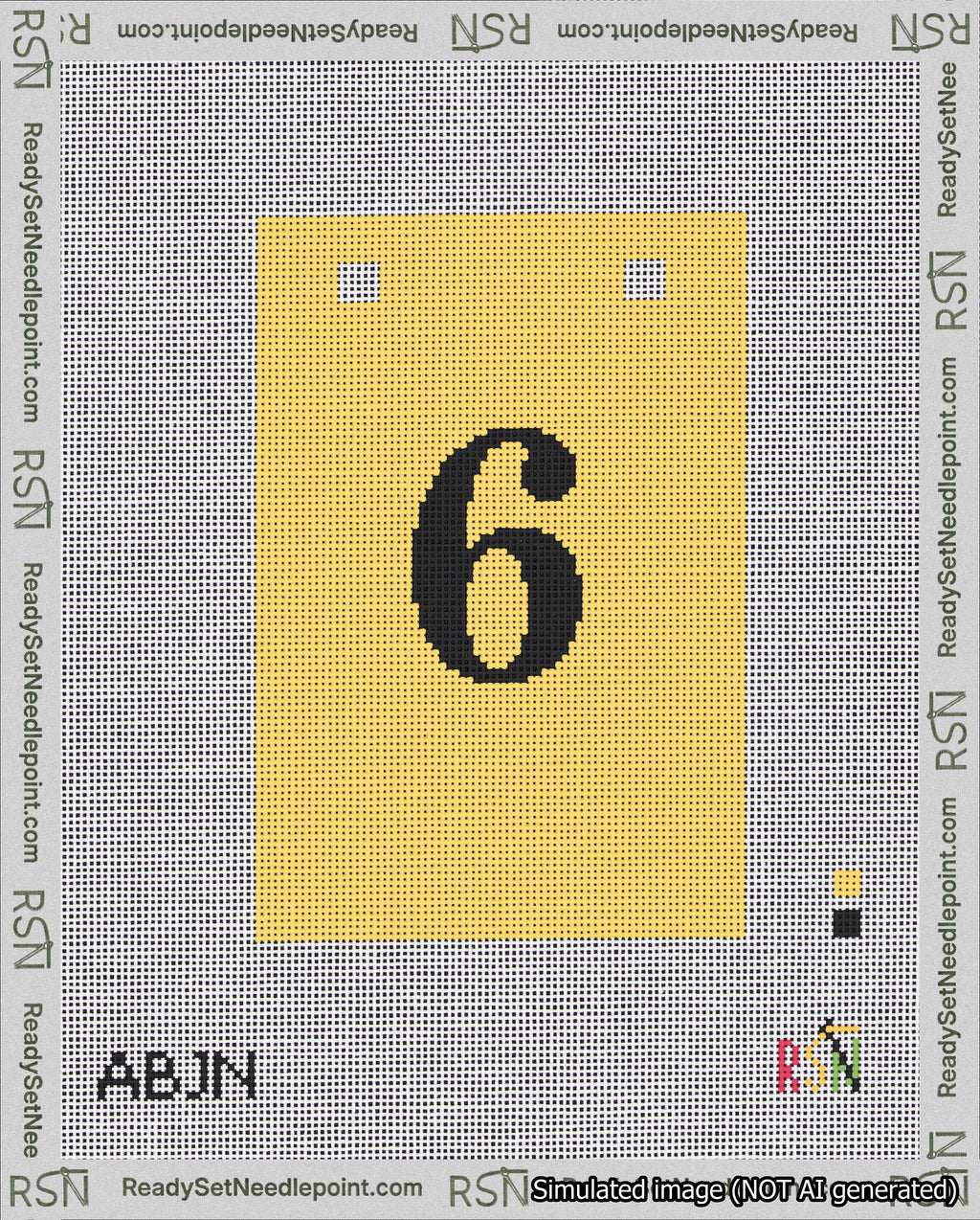 A taped needlepoint canvas with the design: Banner 18 mesh count Squared 6 Black on Yellow.