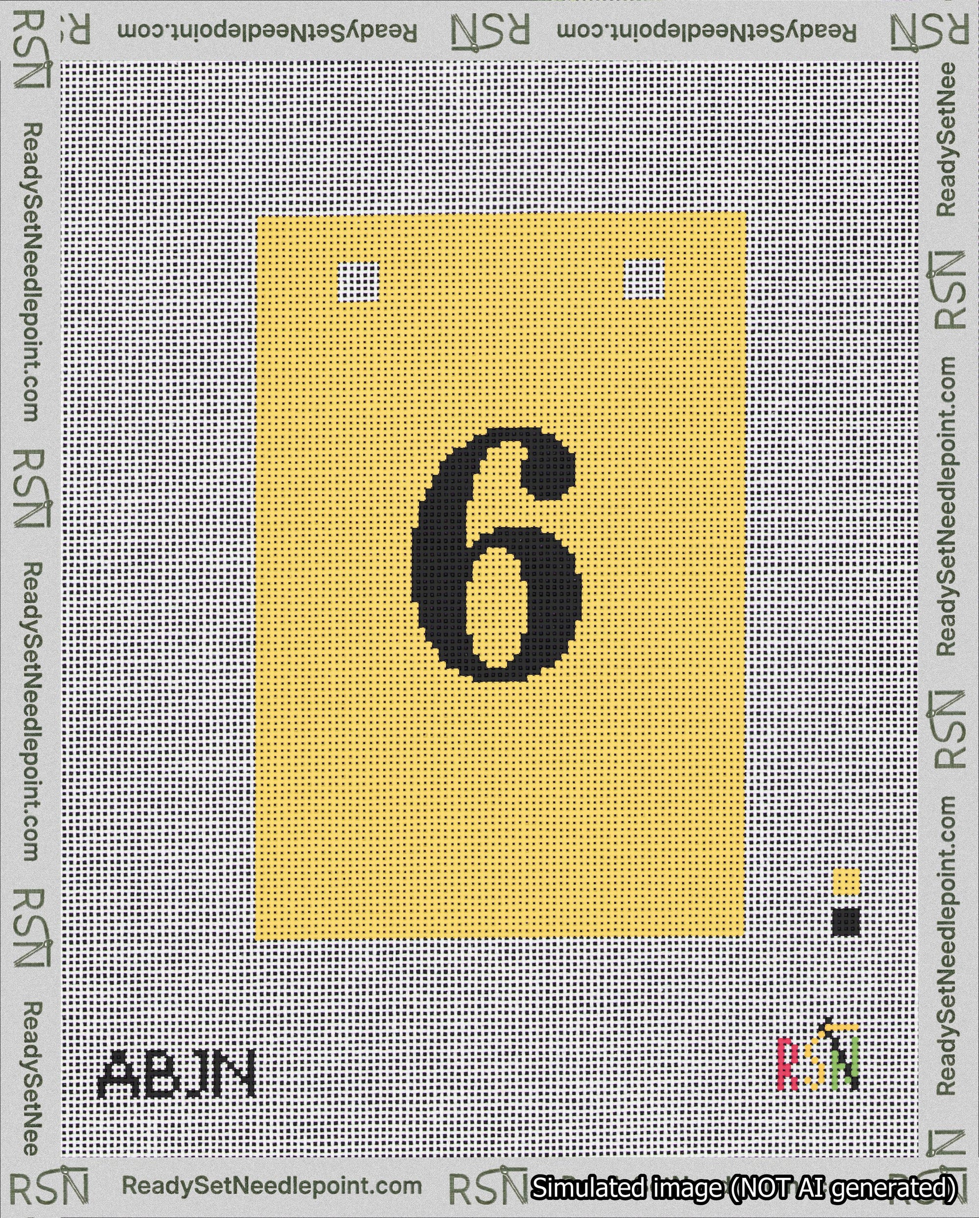 A taped needlepoint canvas with the design: Banner 18 mesh count Squared 6 Black on Yellow.