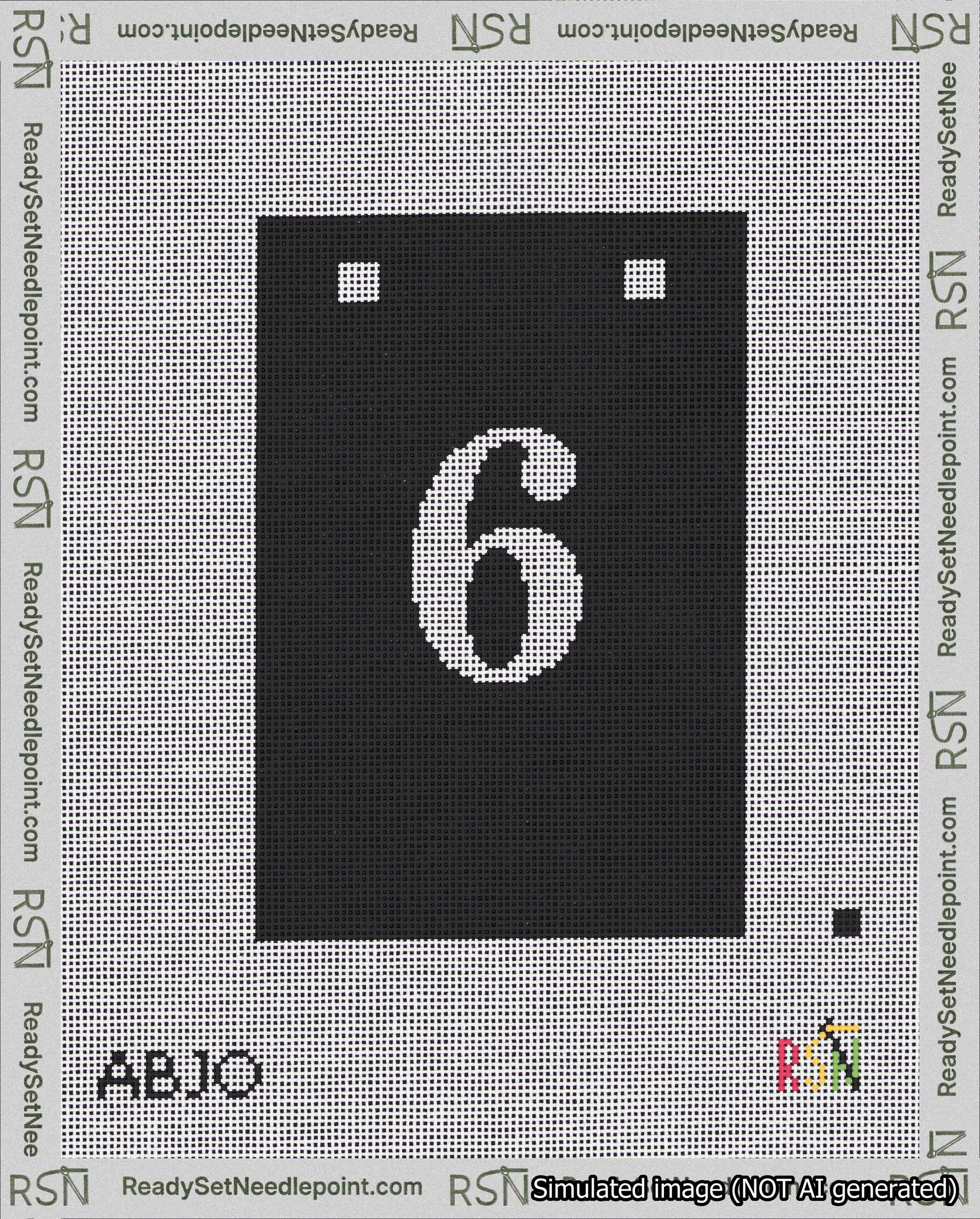 A taped needlepoint canvas with the design: Banner 18 mesh count Squared 6 White on Black.
